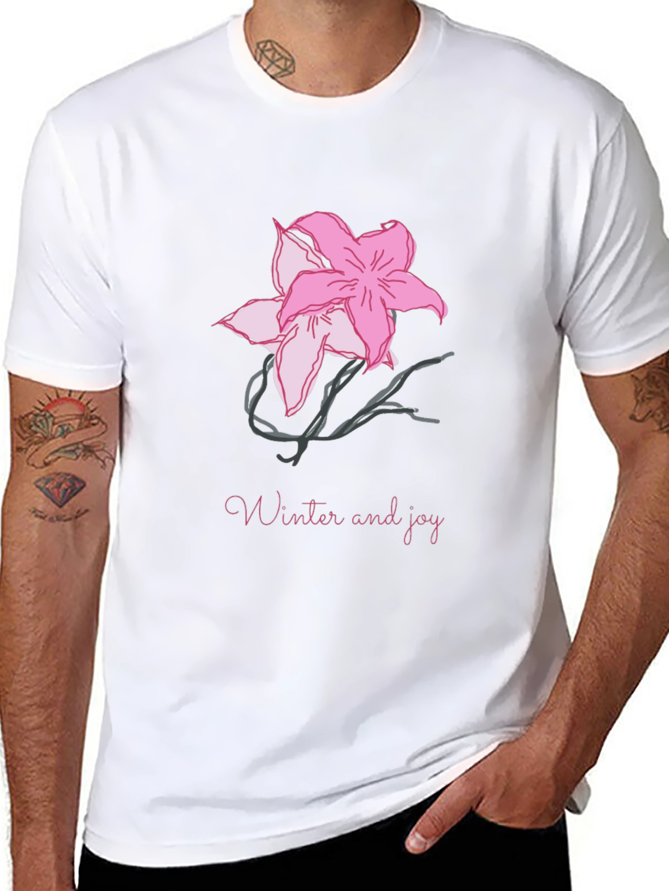 Black T-Shirt with Pink Flower Graphic