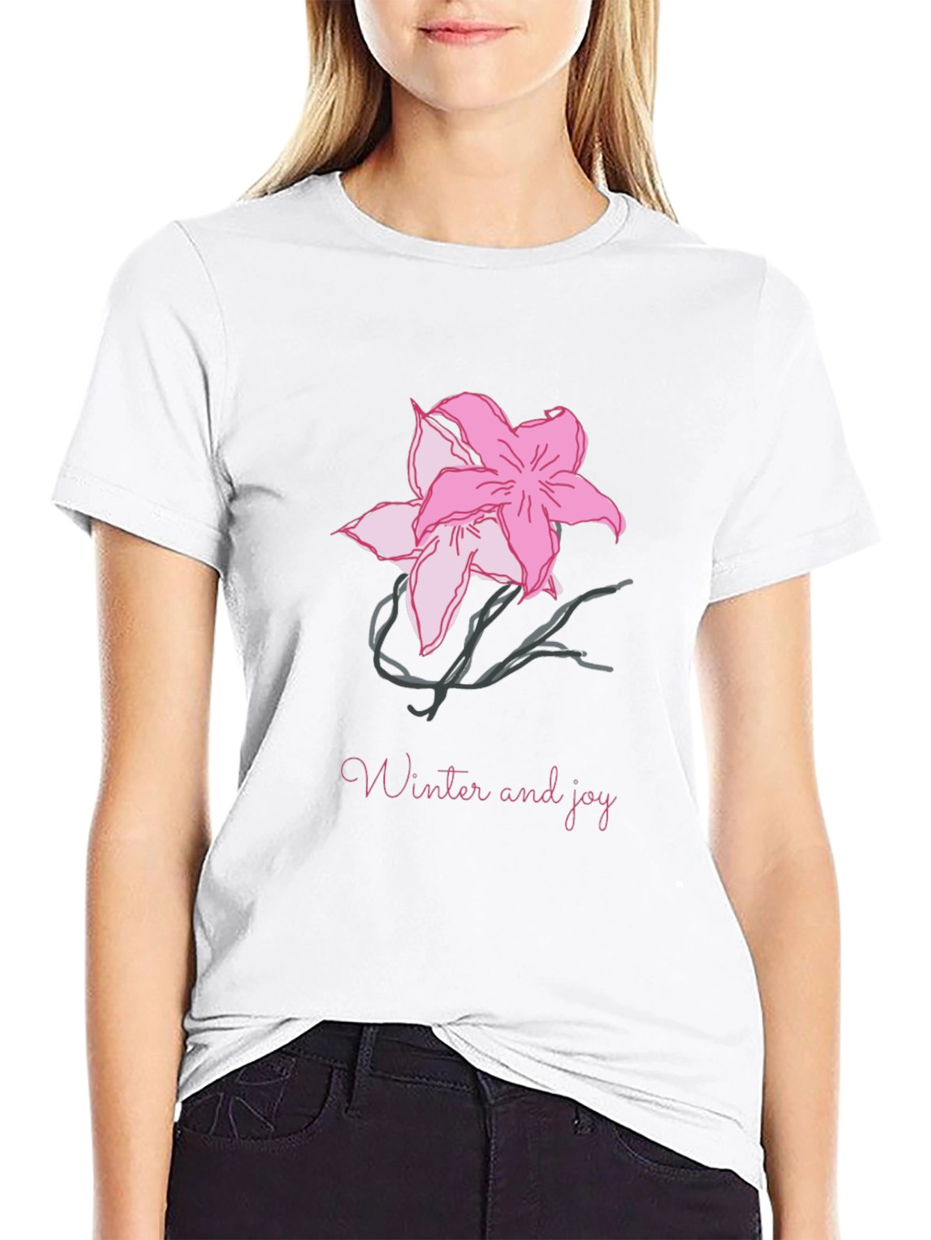 Black T-Shirt with Pink Flower Graphic