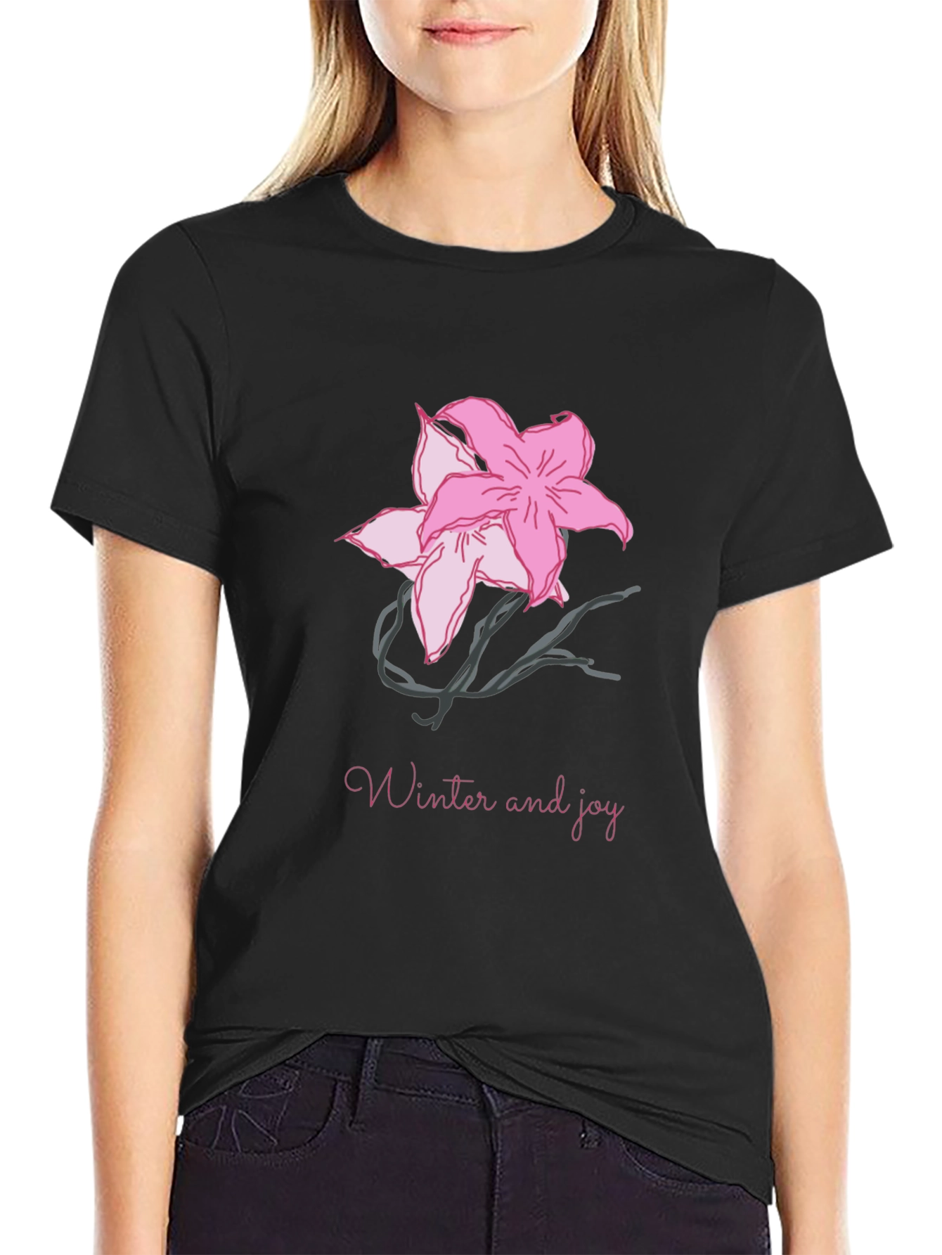 Black T-Shirt with Pink Flower Graphic