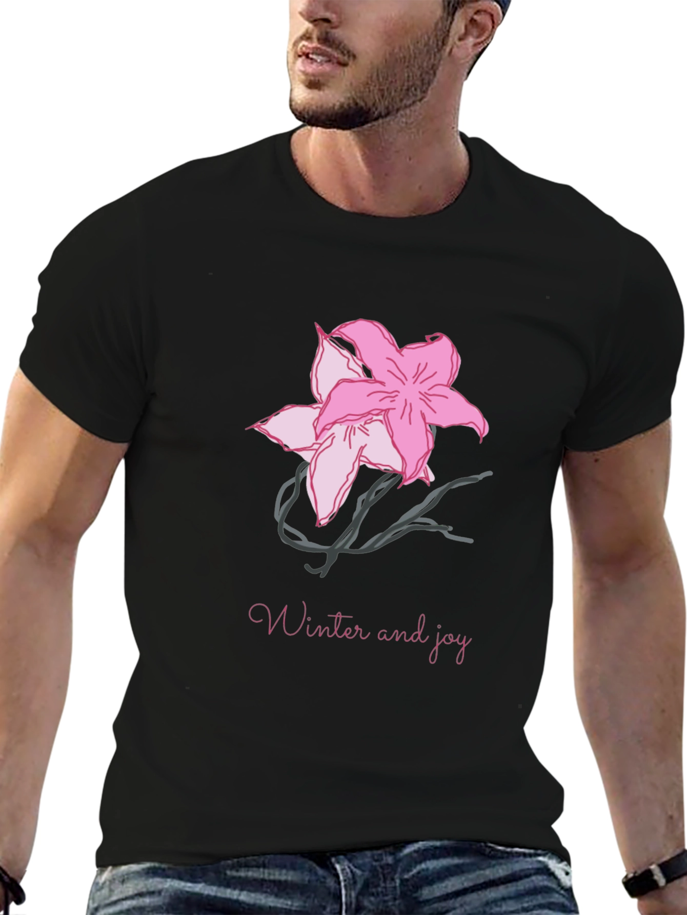 Black T-Shirt with Pink Flower Graphic