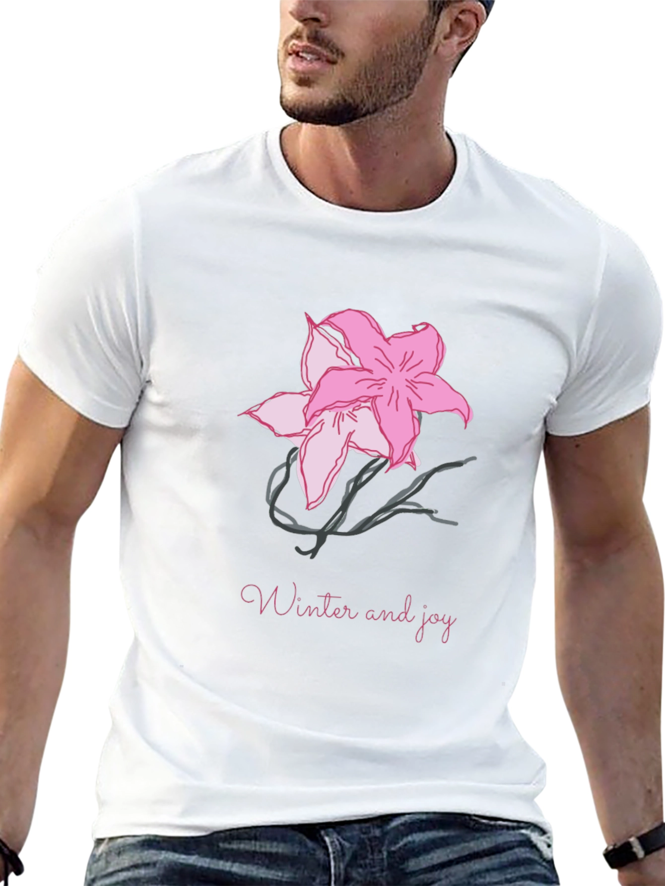 Black T-Shirt with Pink Flower Graphic
