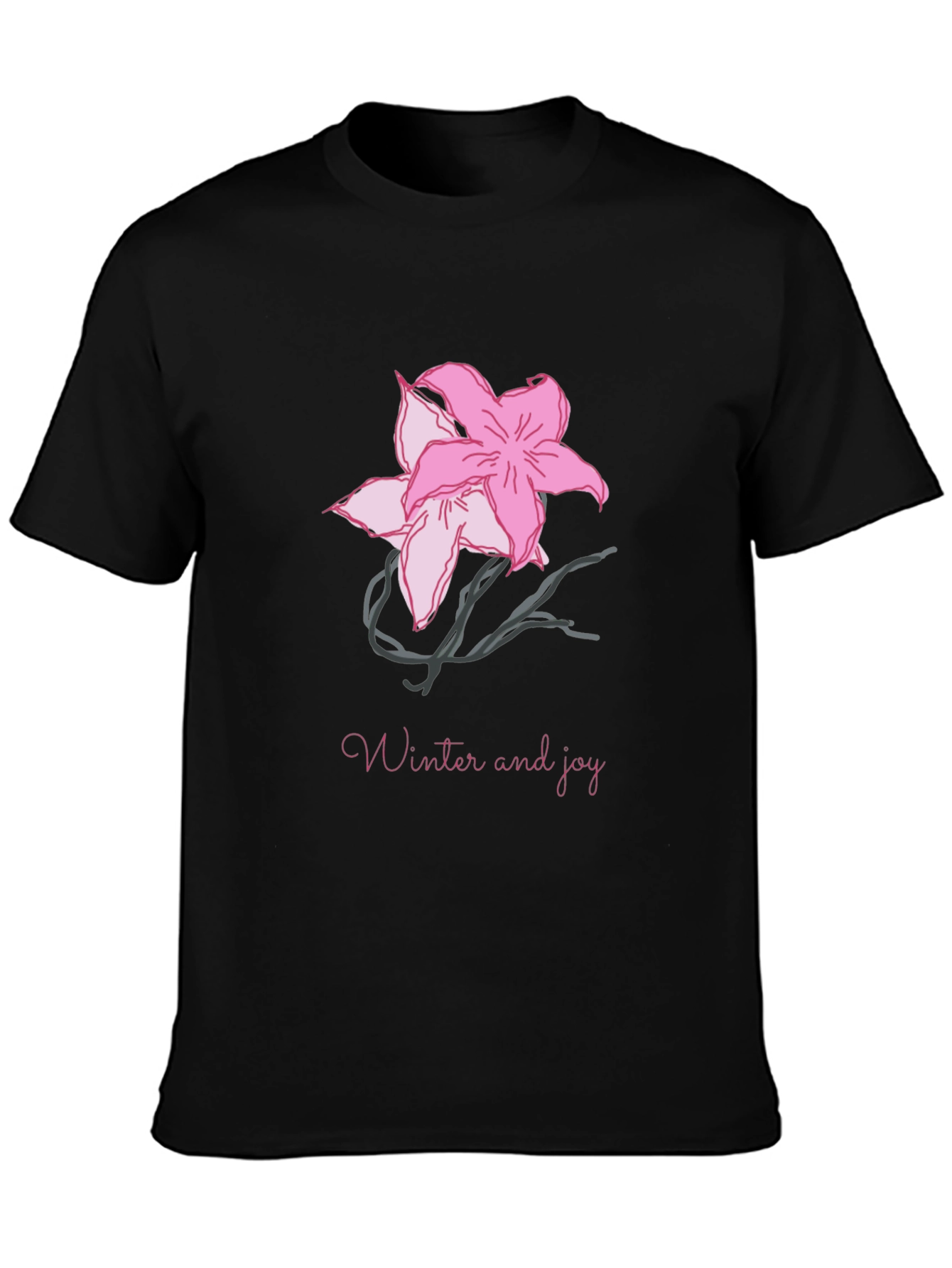 Black T-Shirt with Pink Flower Graphic