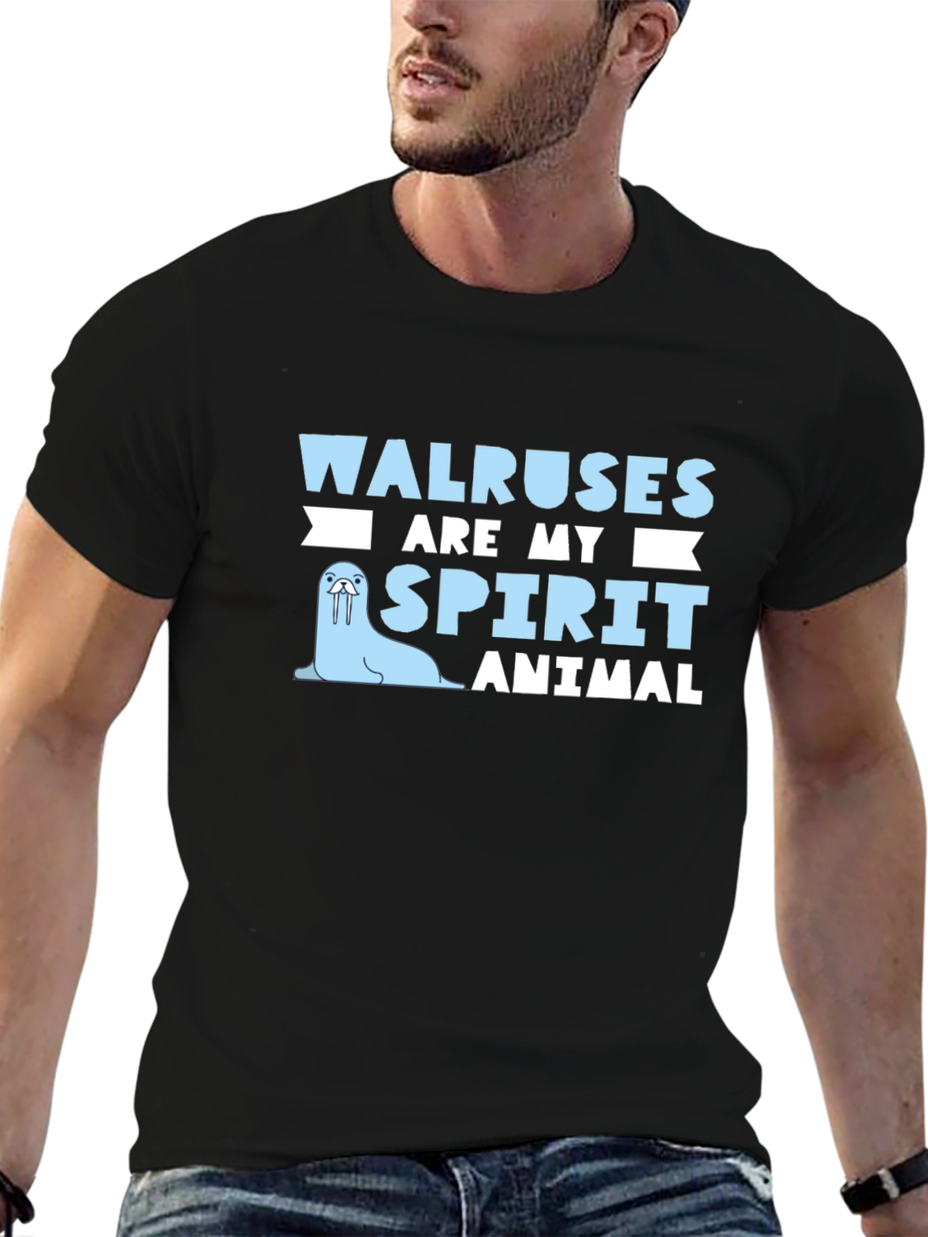 Walrus Spirit Animal Graphic Tee - Black Cotton T-Shirt