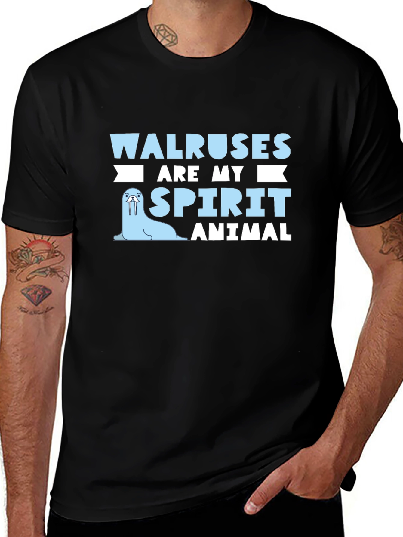 Walrus Spirit Animal Graphic Tee - Black Cotton T-Shirt