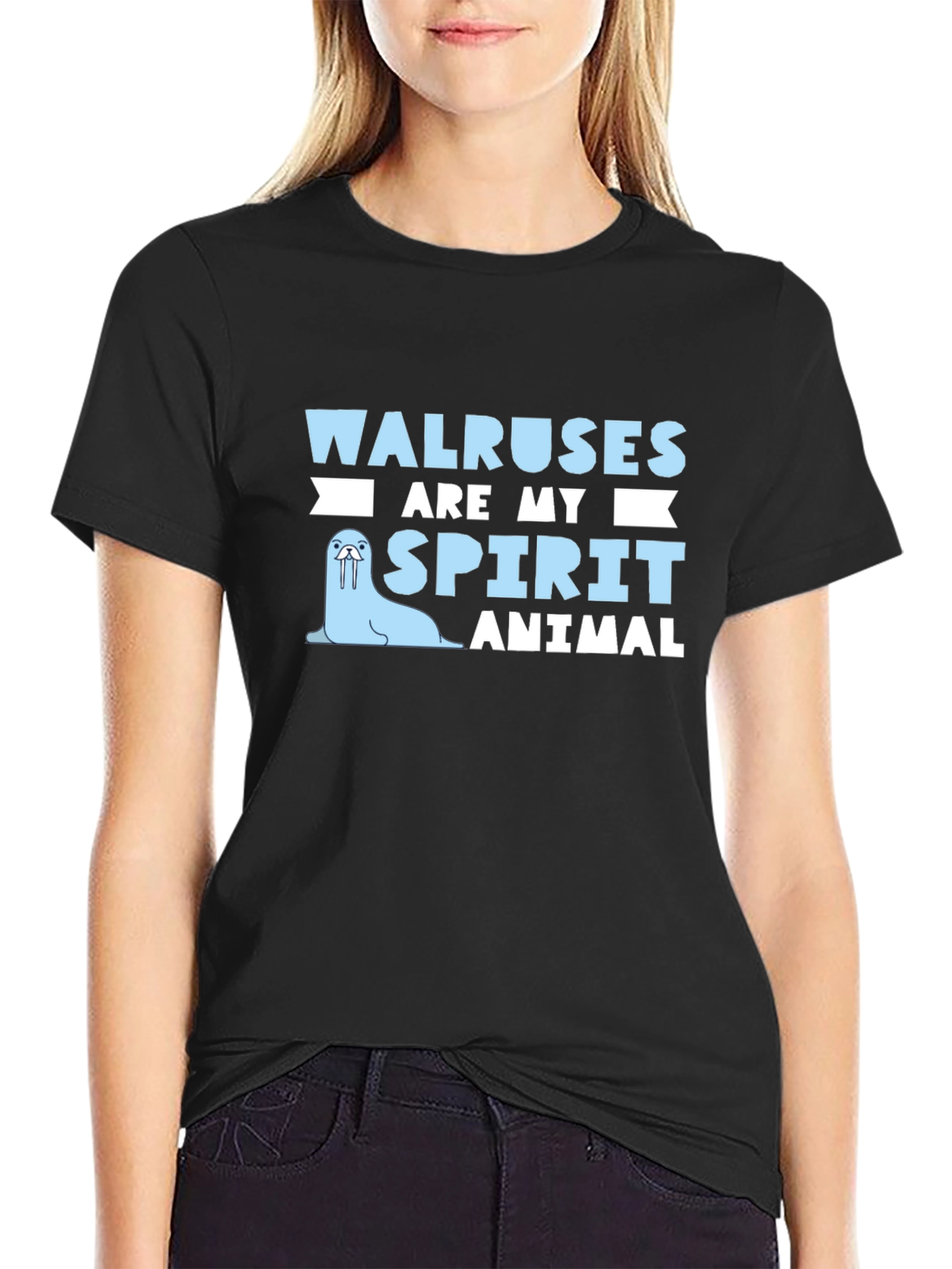 Walrus Spirit Animal Graphic Tee - Black Cotton T-Shirt
