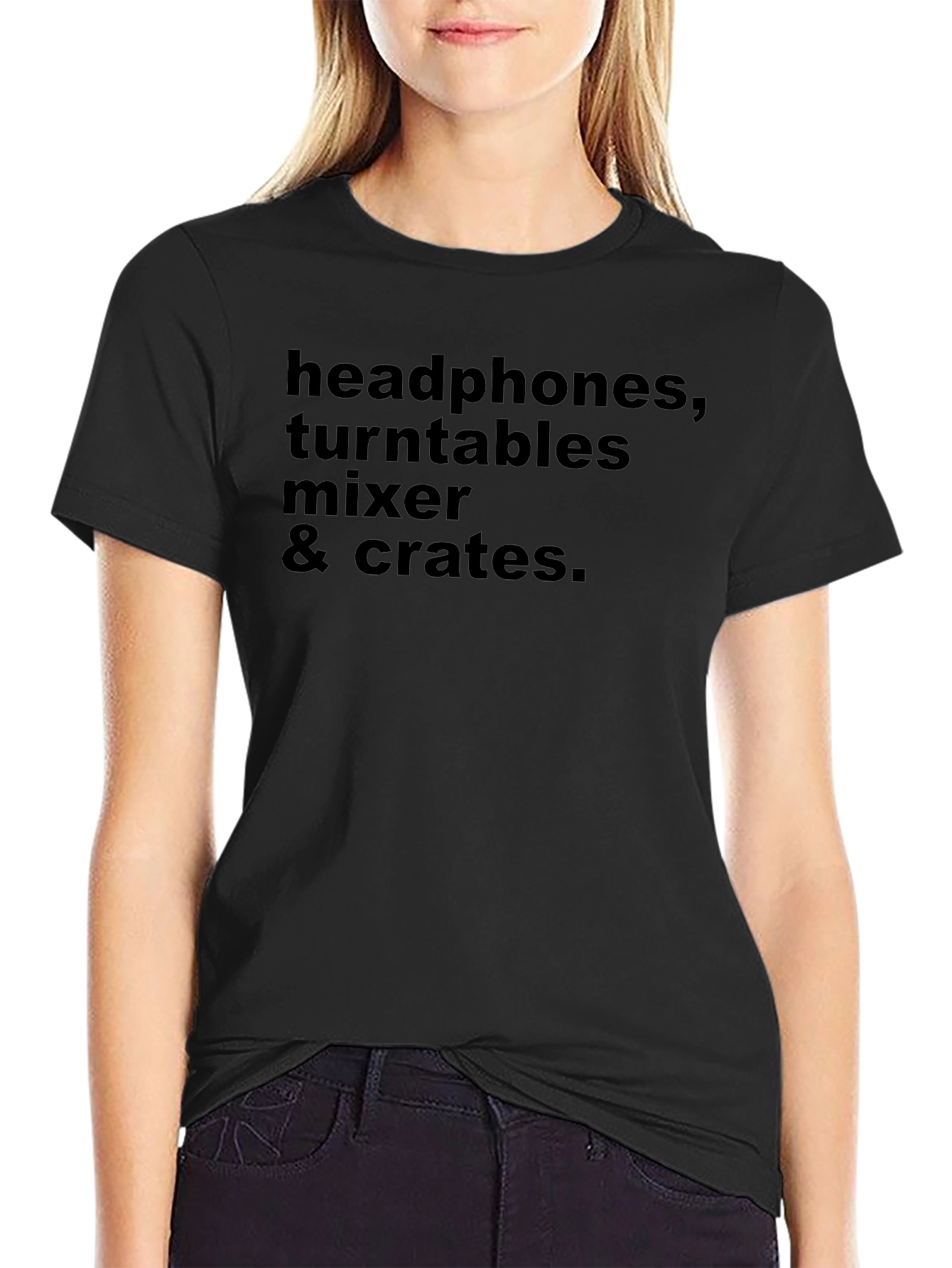 DJ Gear T-Shirt: Headphones Turntables Mixer & Crates