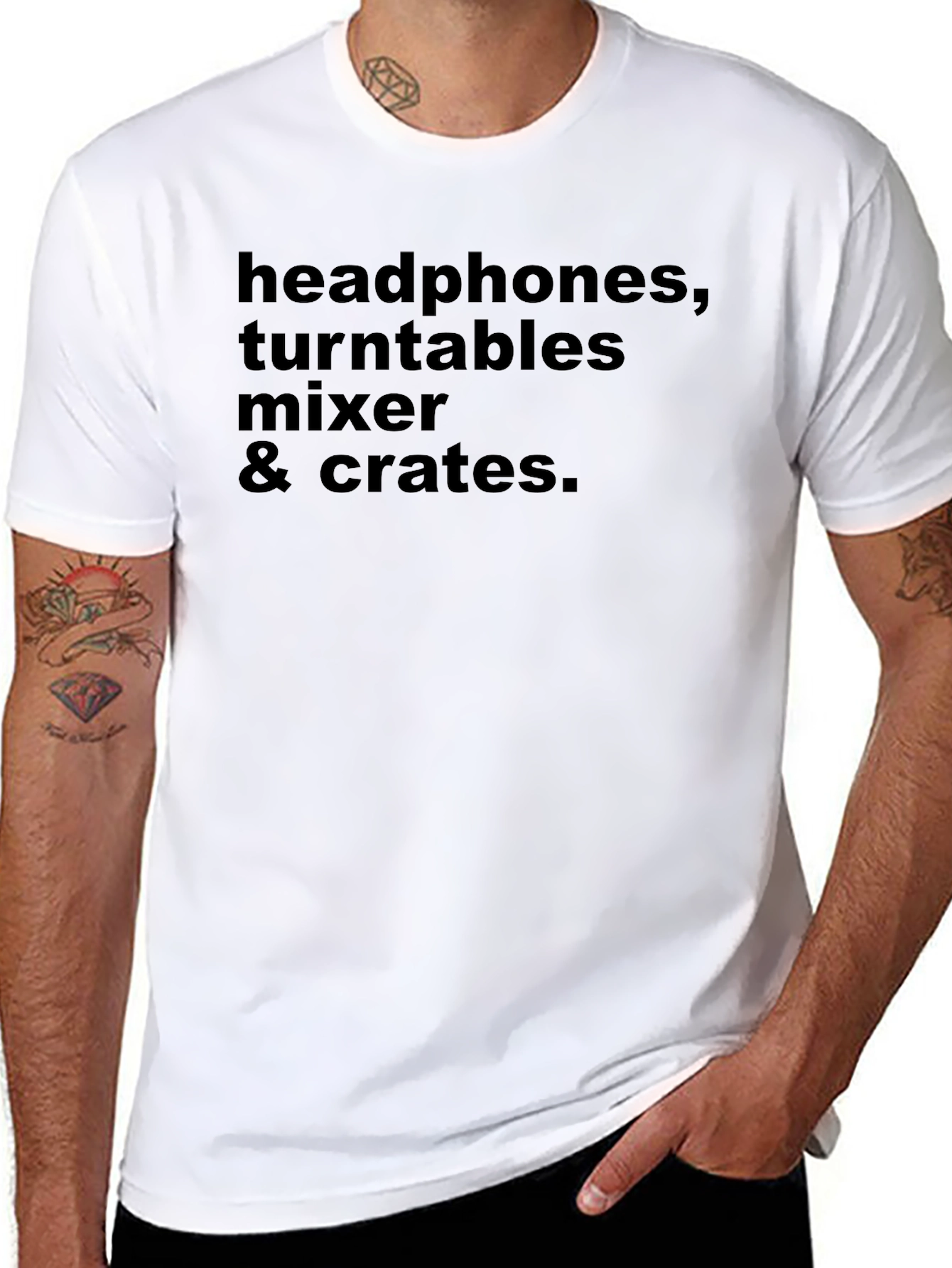 DJ Gear T-Shirt: Headphones Turntables Mixer & Crates