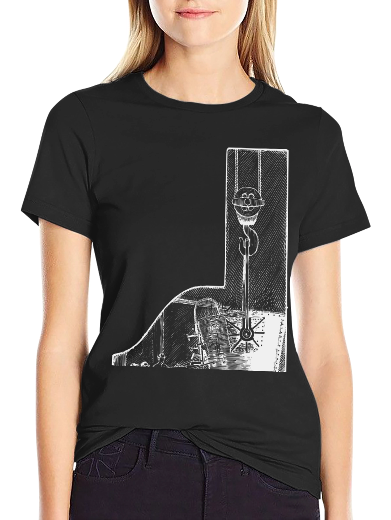Nautical Crane Graphic Tee - Black Cotton T-Shirt