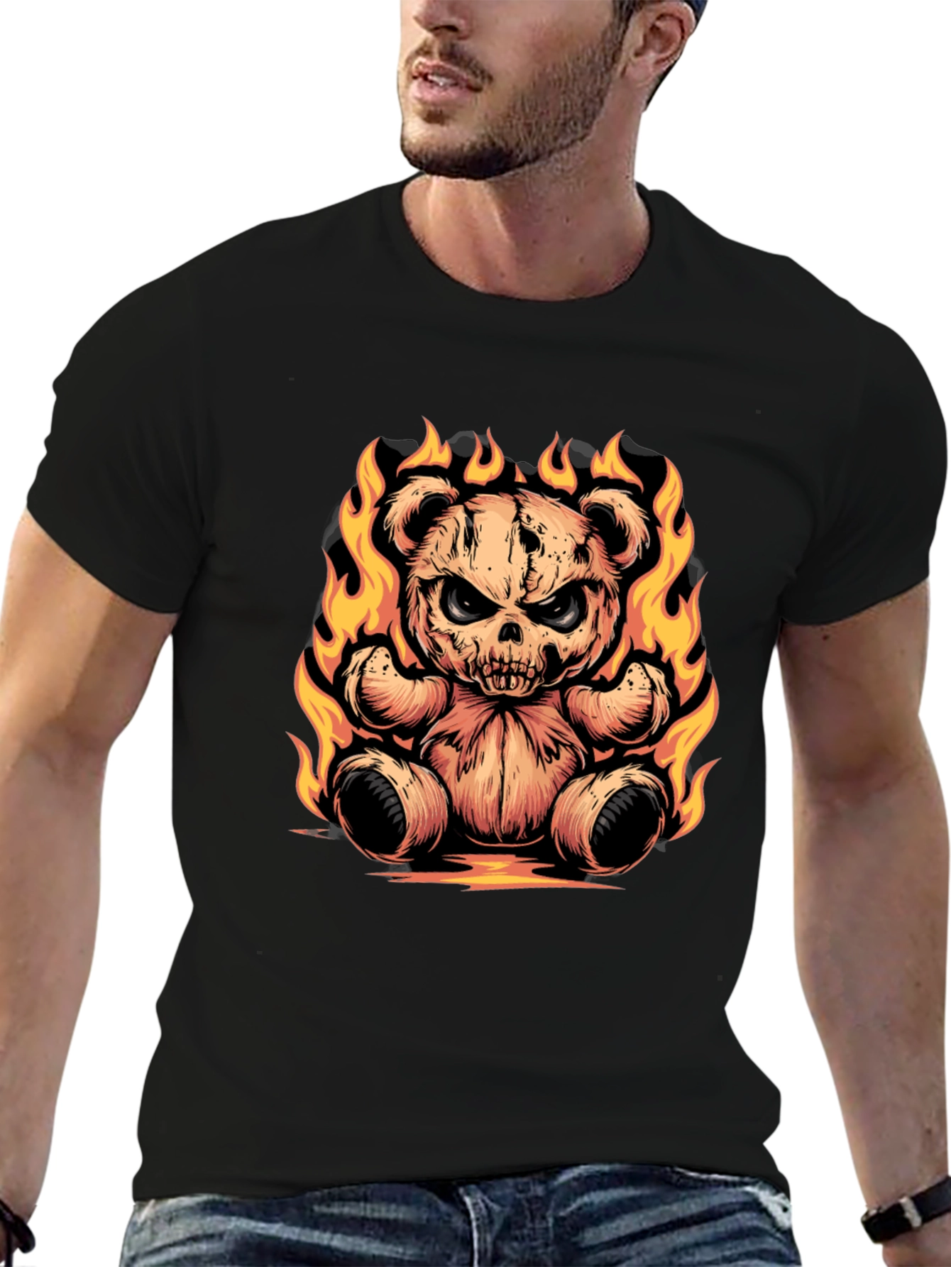 Fiery Skull Teddy Bear Graphic Tee
