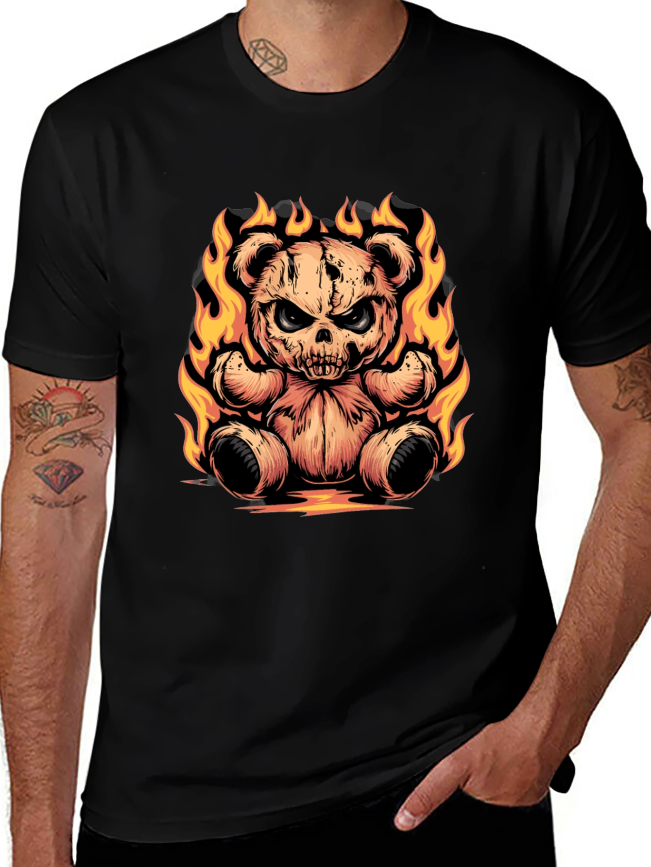 Fiery Skull Teddy Bear Graphic Tee