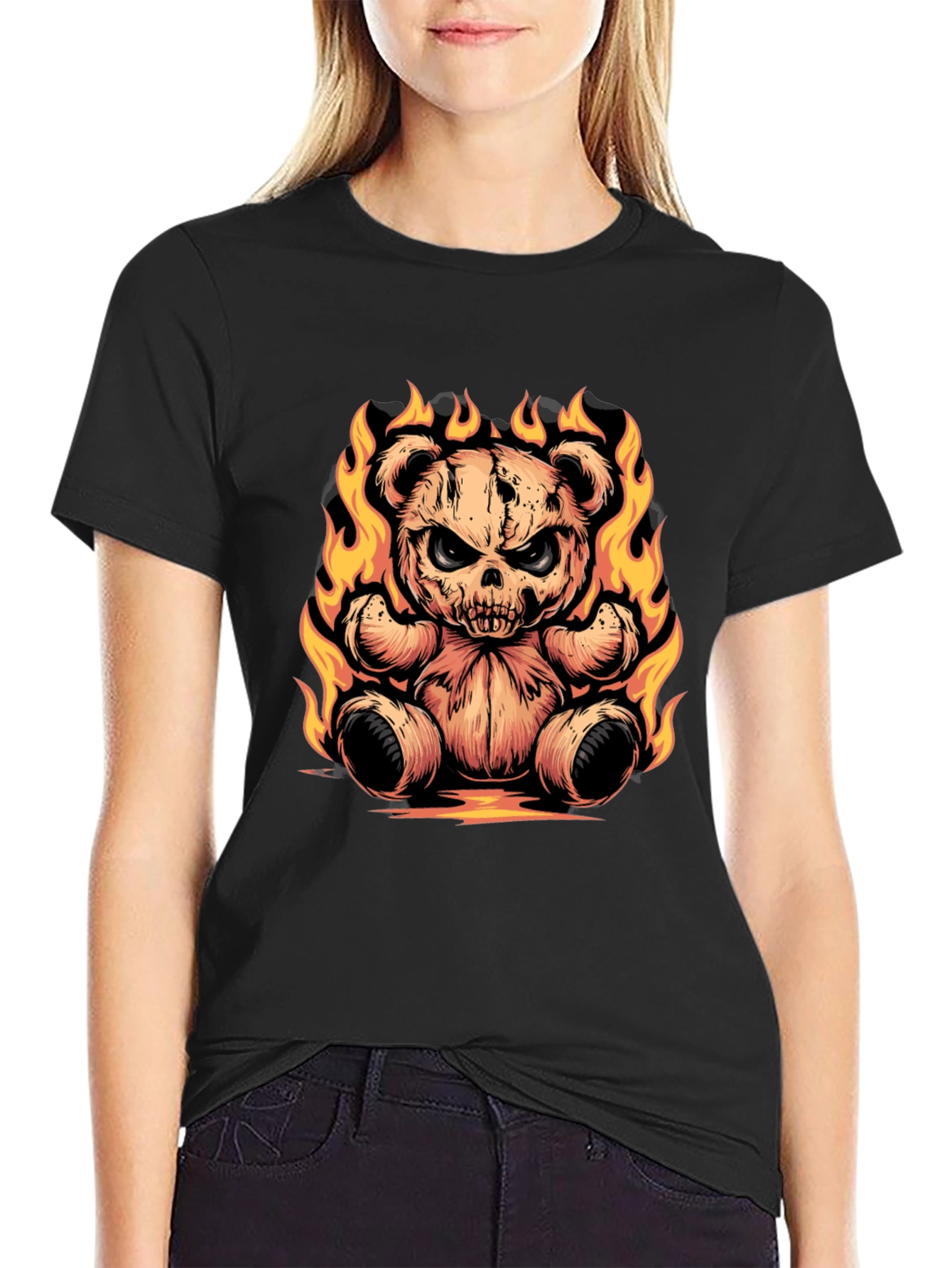 Fiery Skull Teddy Bear Graphic Tee