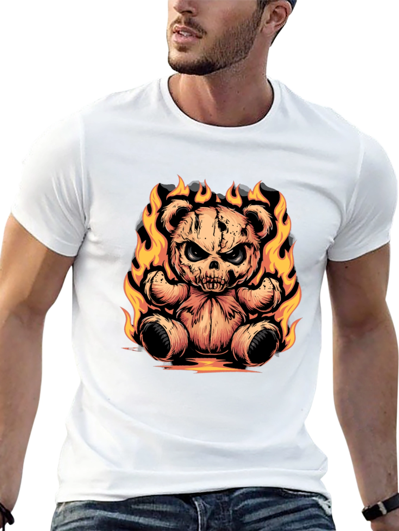 Fiery Skull Teddy Bear Graphic Tee