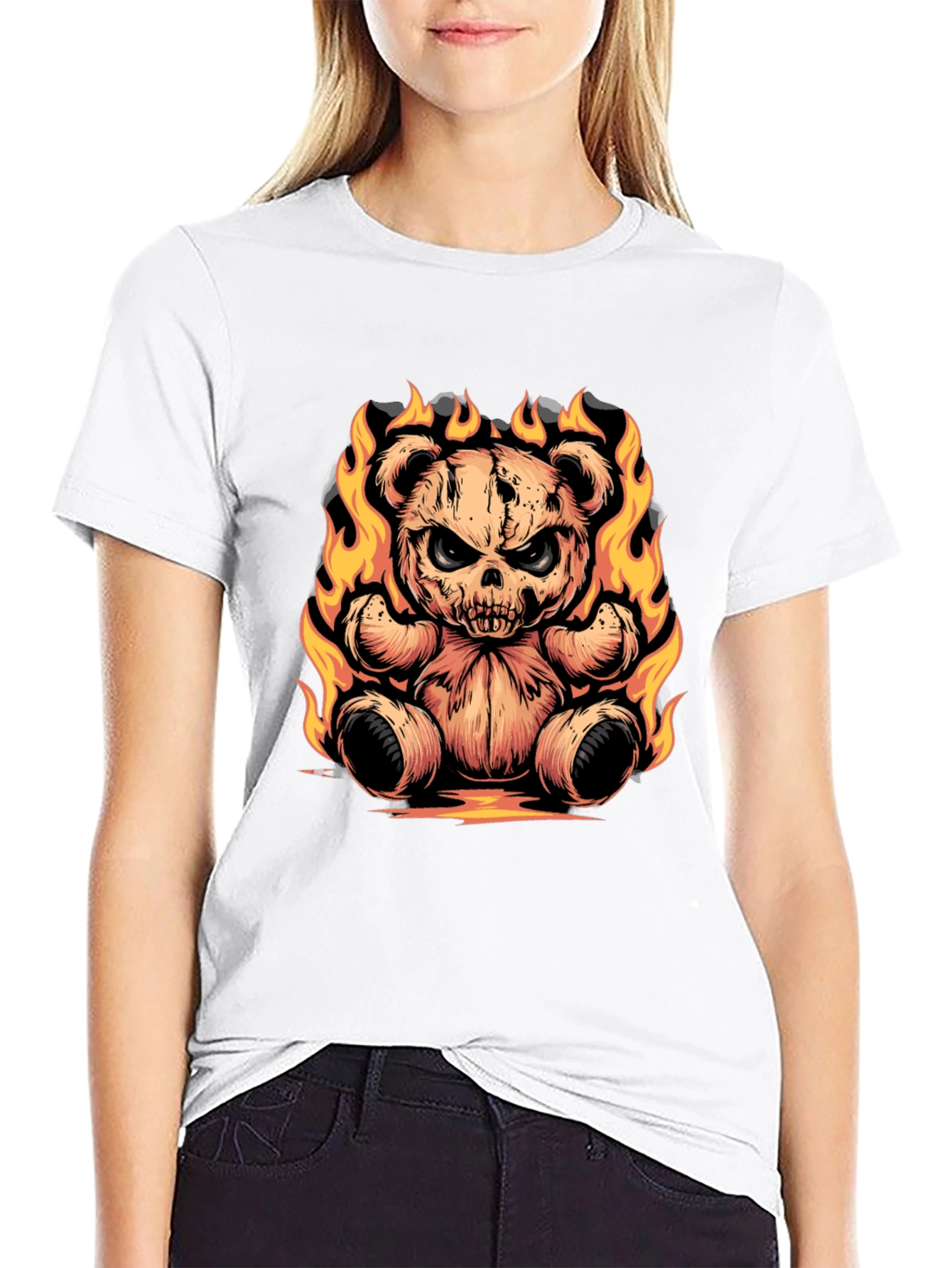 Fiery Skull Teddy Bear Graphic Tee