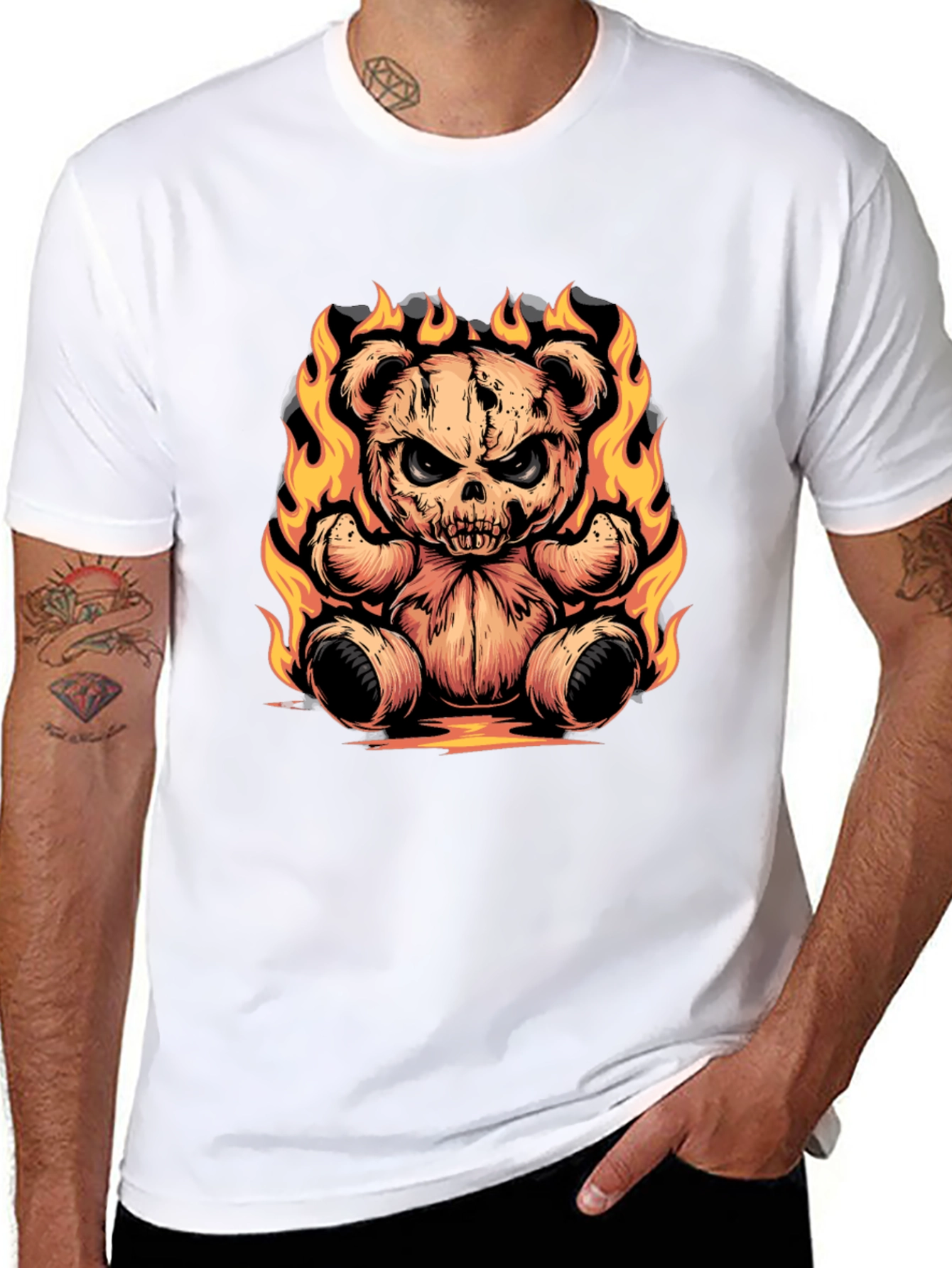 Fiery Skull Teddy Bear Graphic Tee