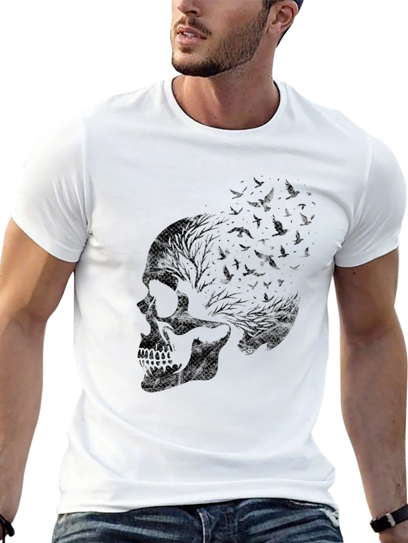 Skull & Birds Graphic Print Mens Black T-Shirt