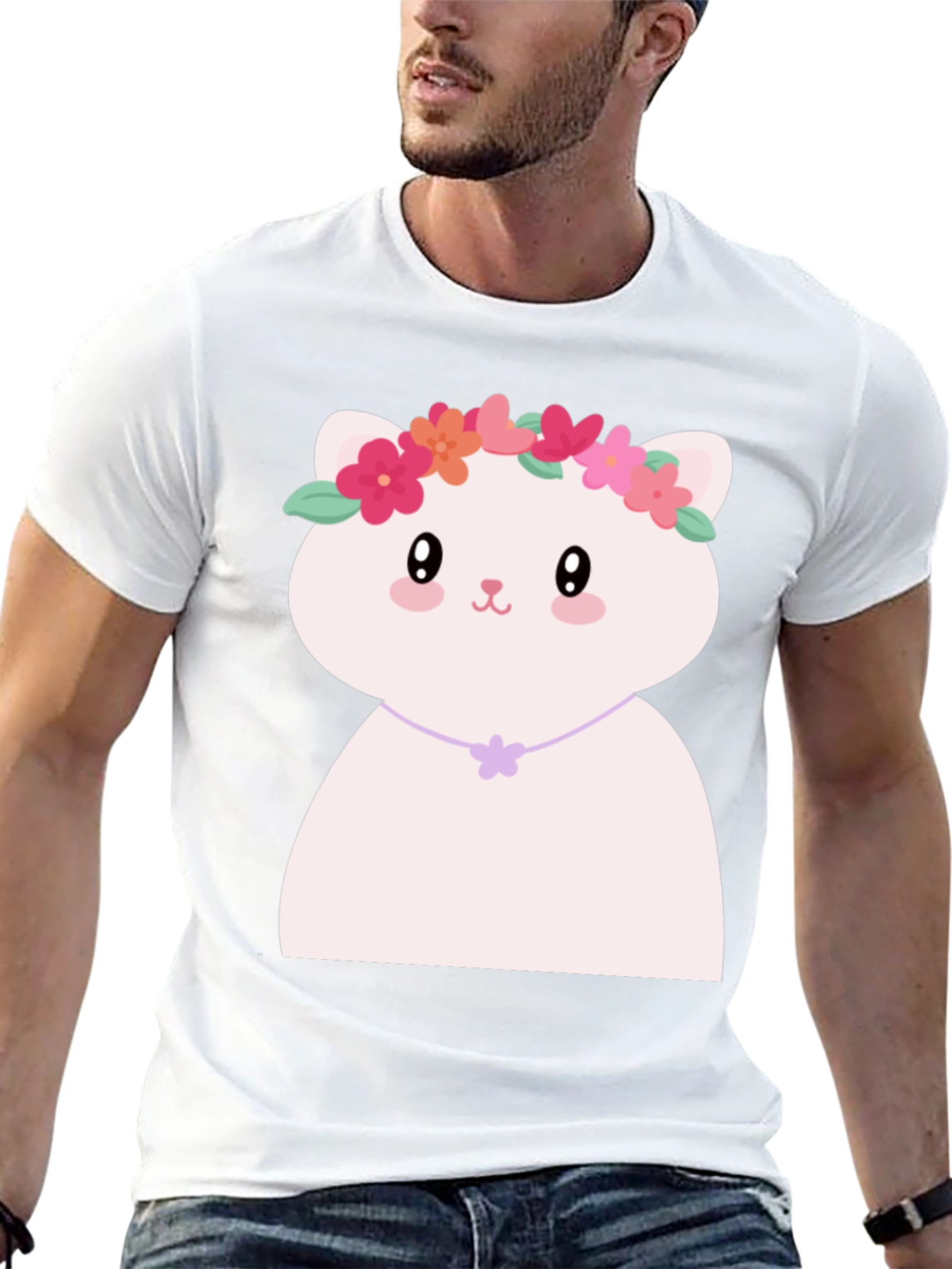 Cute Kawaii Cat T-Shirt with Flower Crown