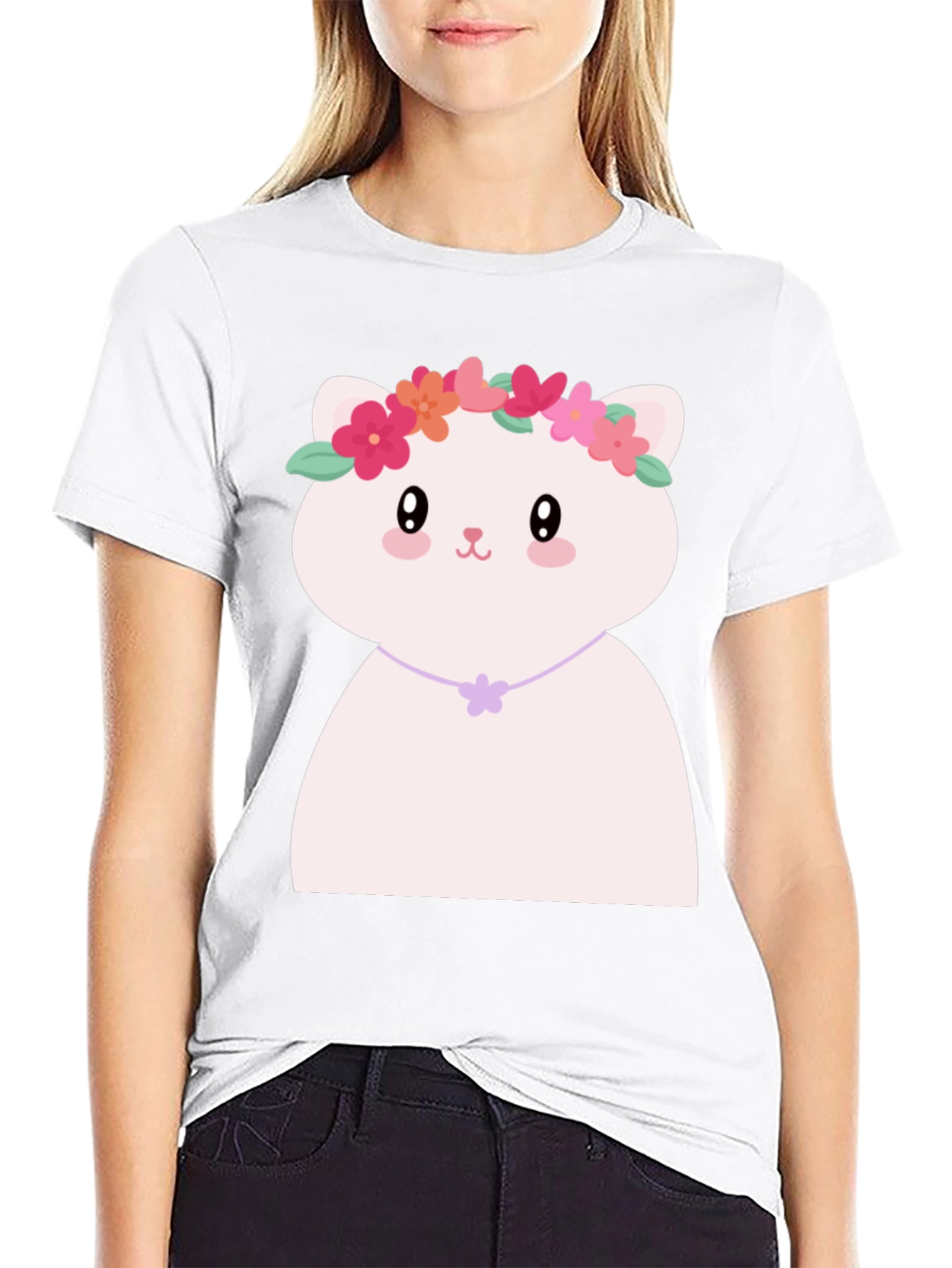 Cute Kawaii Cat T-Shirt with Flower Crown