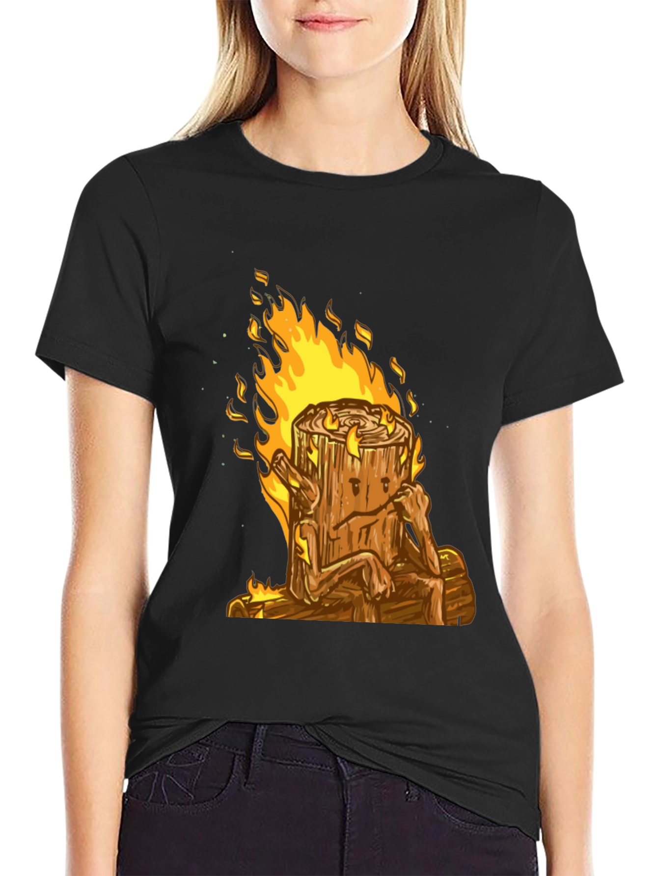 Burning Wood Log Character Graphic Tee