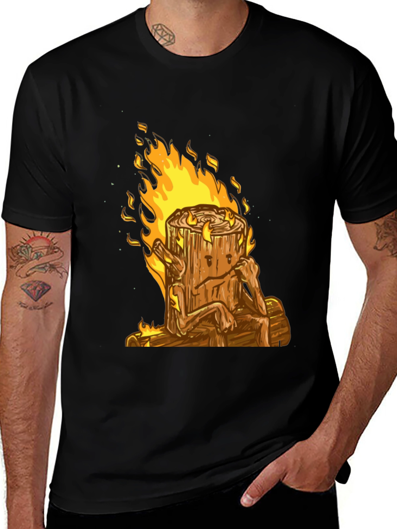 Burning Wood Log Character Graphic Tee