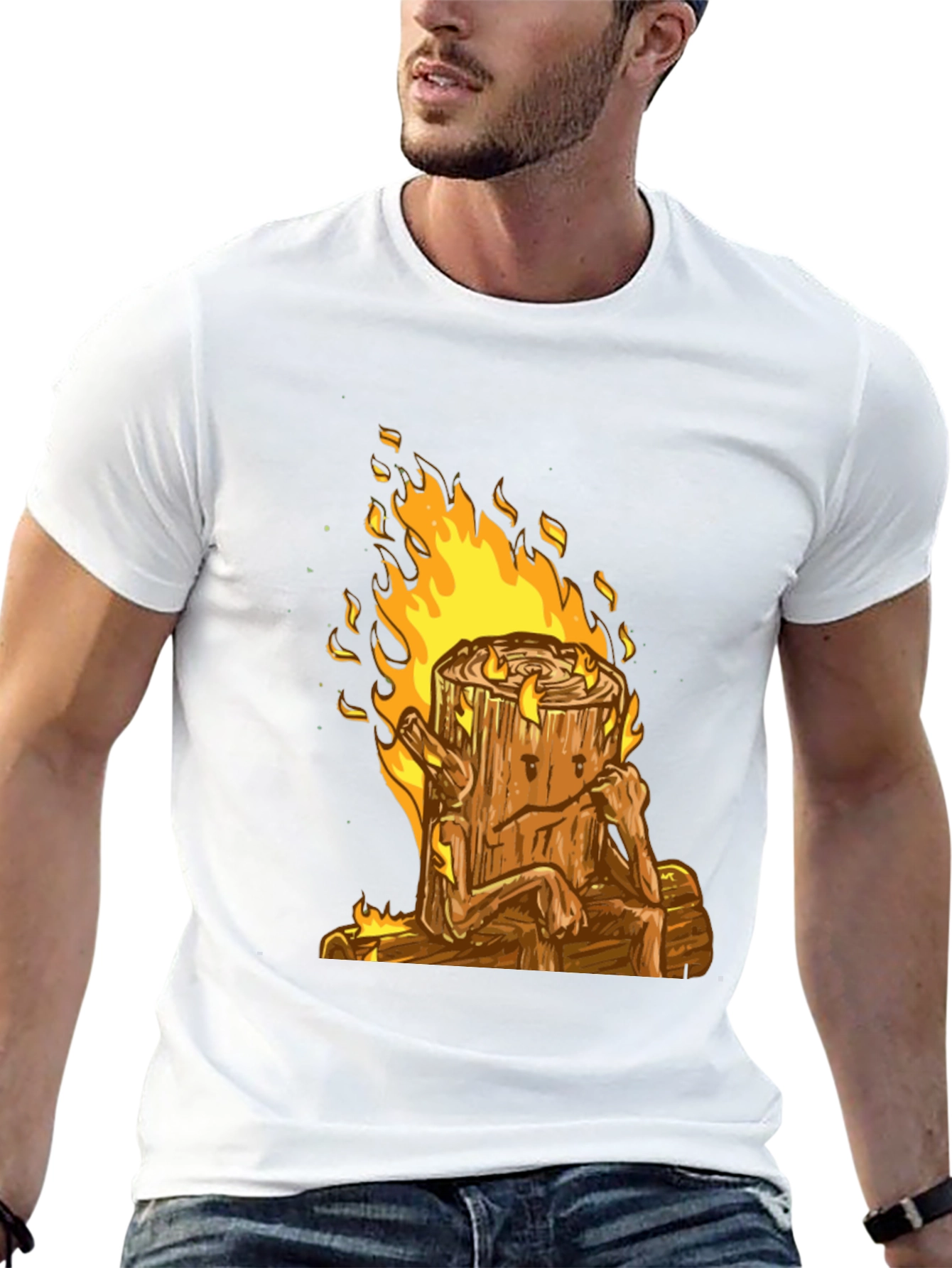 Burning Wood Log Character Graphic Tee