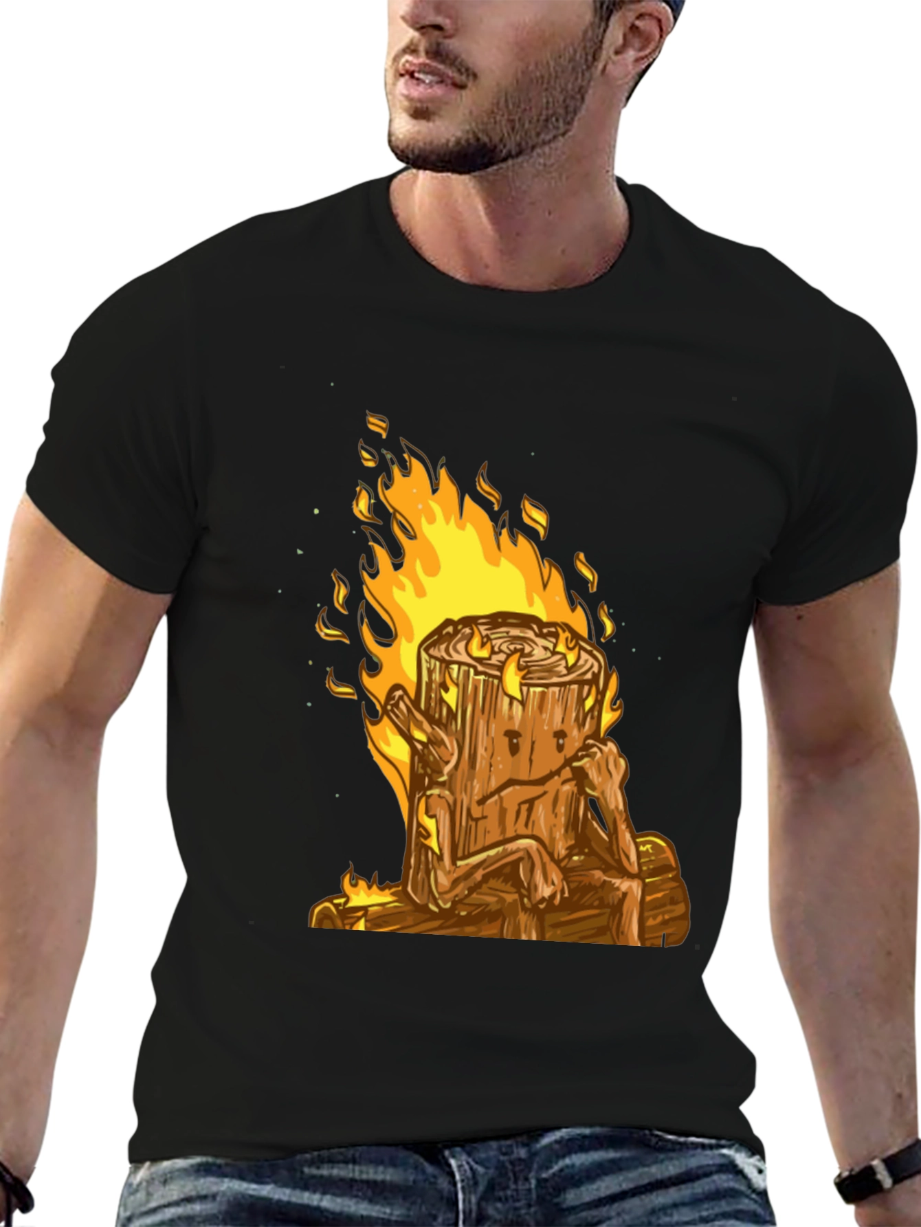 Burning Wood Log Character Graphic Tee