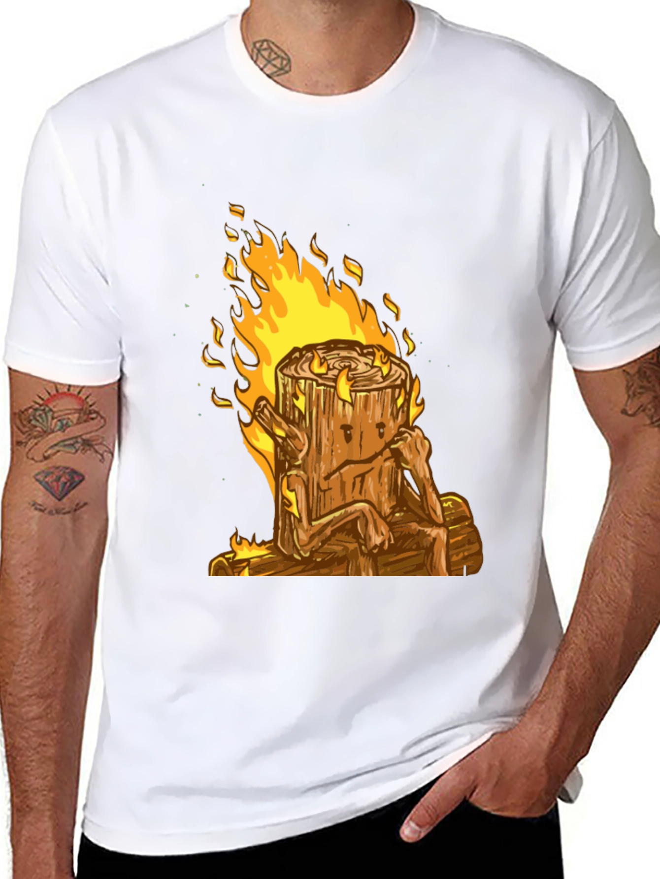 Burning Wood Log Character Graphic Tee
