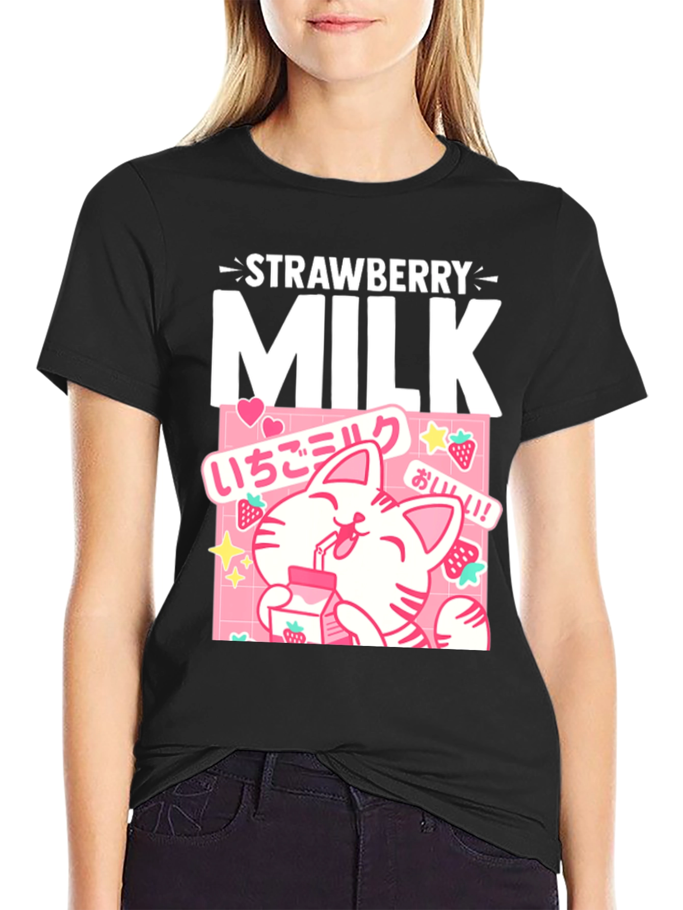 Strawberry Milk Cat T-Shirt Kawaii Anime Style