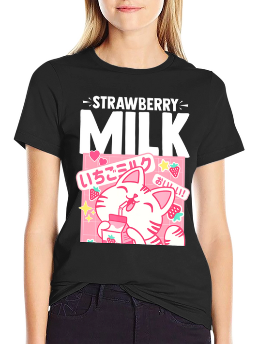 Strawberry Milk Cat T-Shirt Kawaii Anime Style