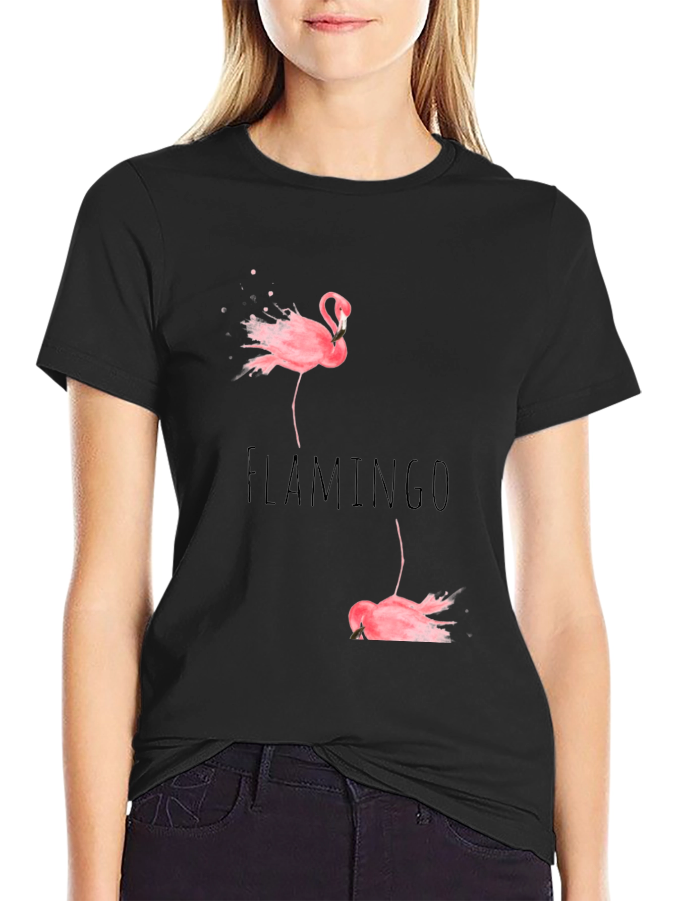 Flamingo Print Black Cotton T-Shirt