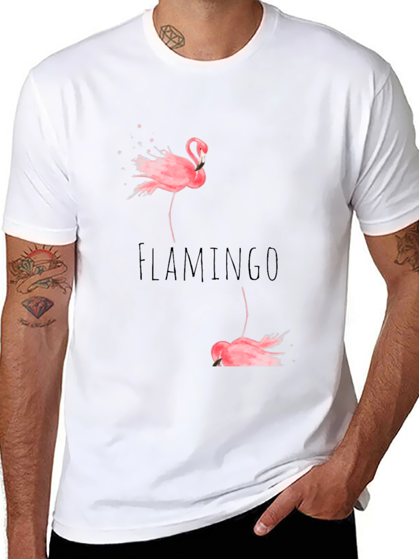 Flamingo Print Black Cotton T-Shirt