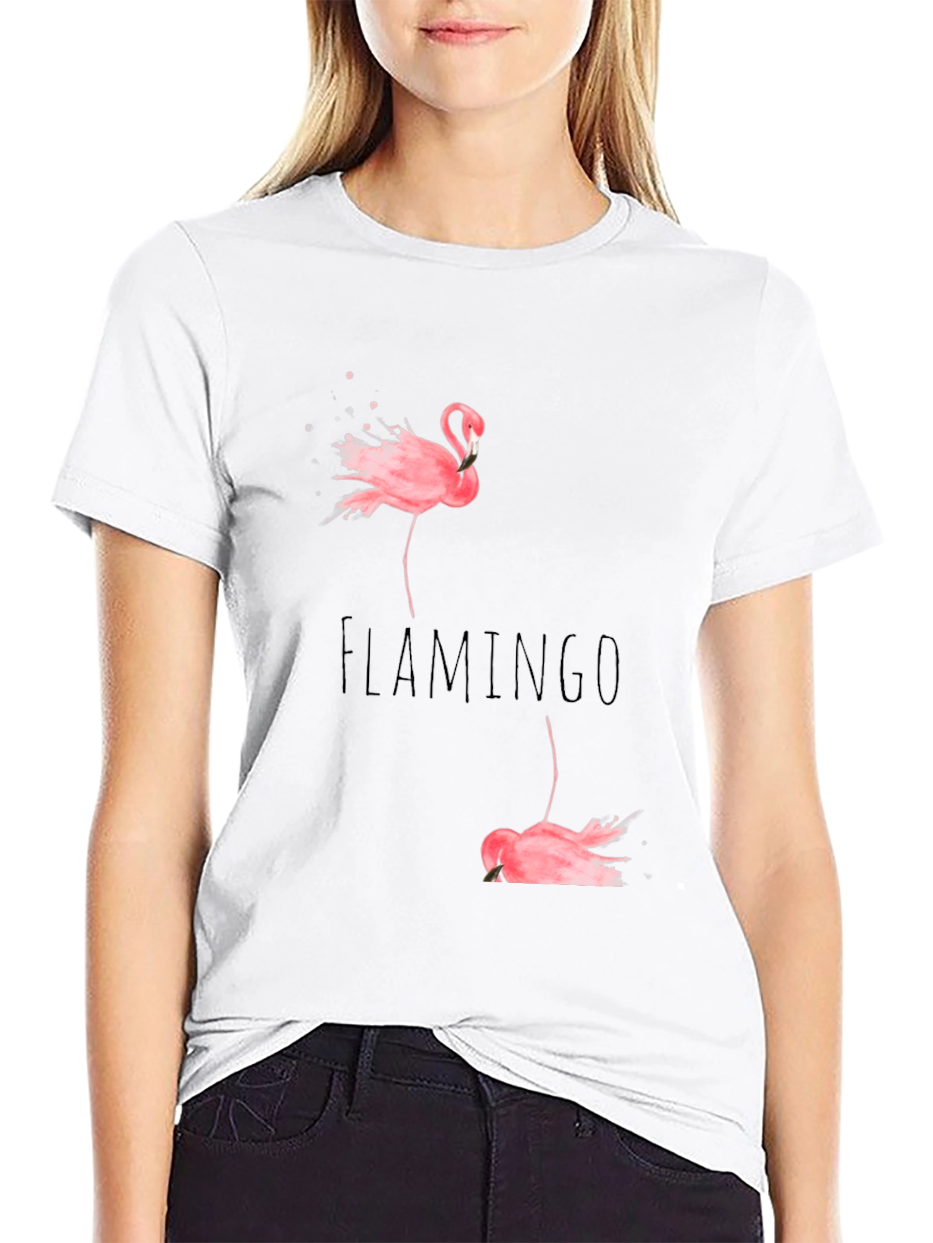 Flamingo Print Black Cotton T-Shirt