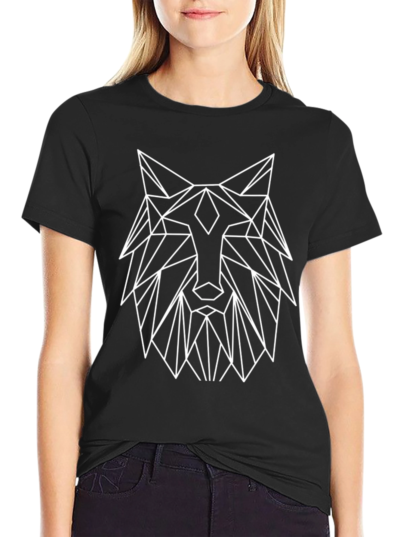 Geometric Wolf Graphic Black T-Shirt