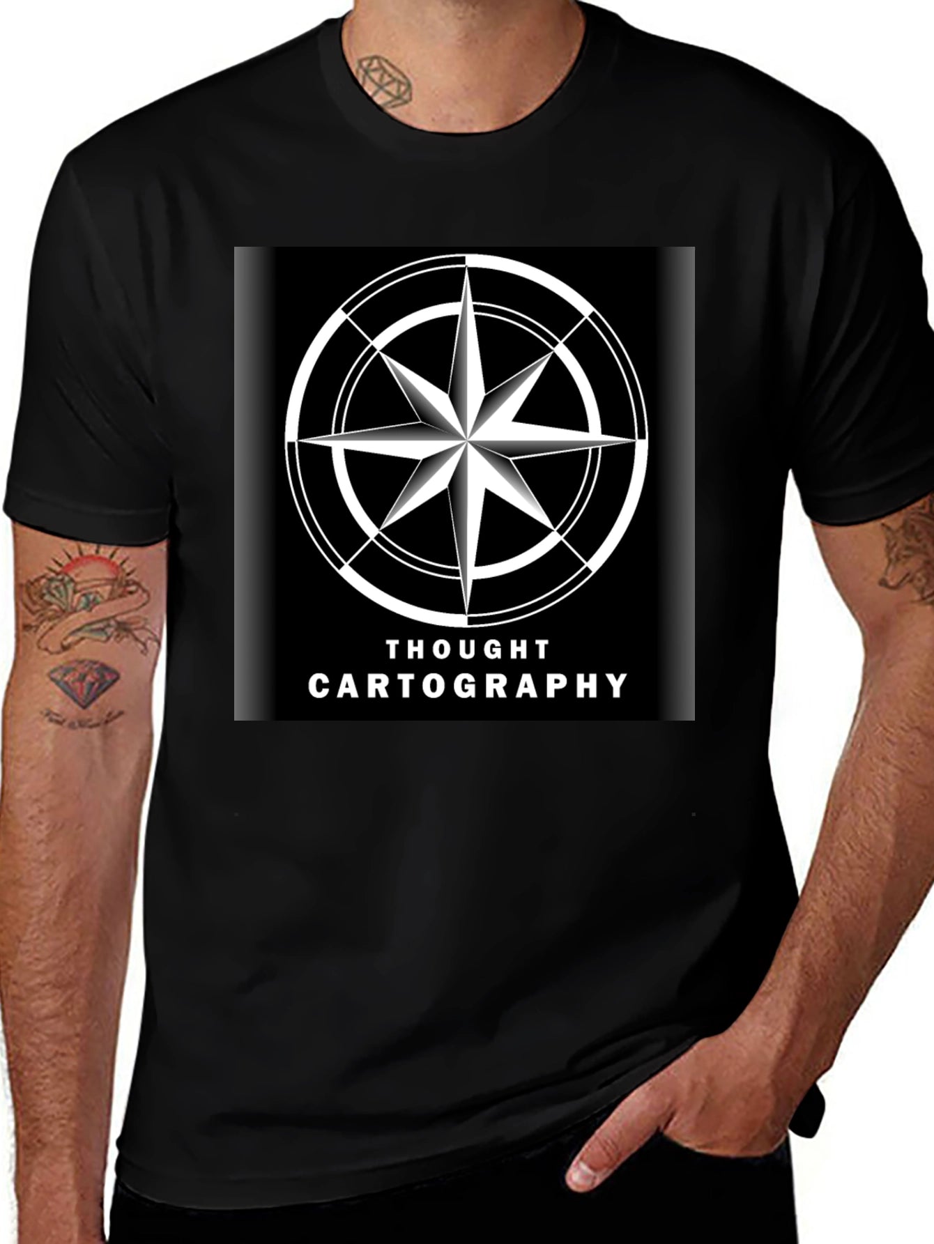 Thought Cartography Compass Design Black T-Shirt