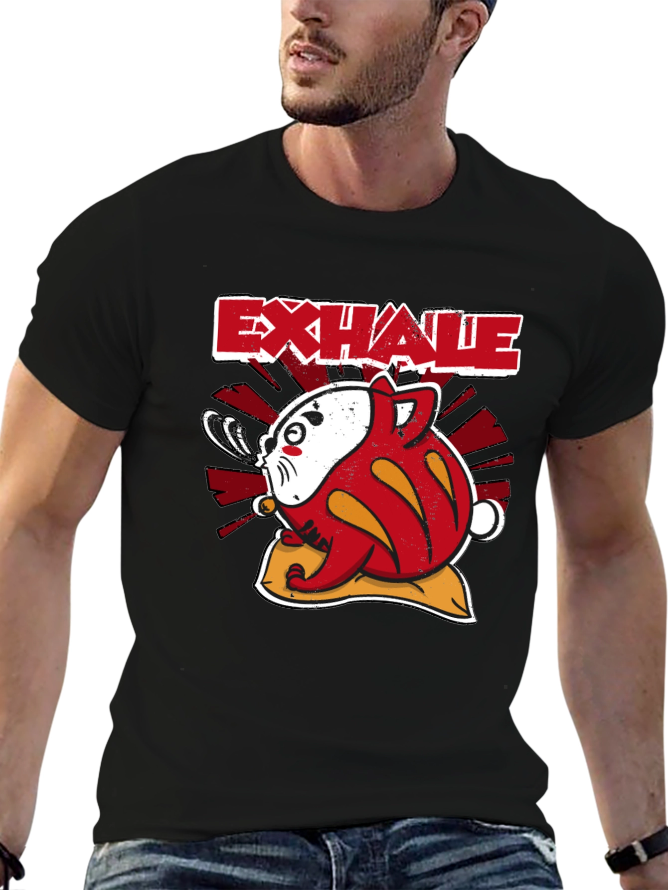 Exhale Daruma Cat Black T-Shirt