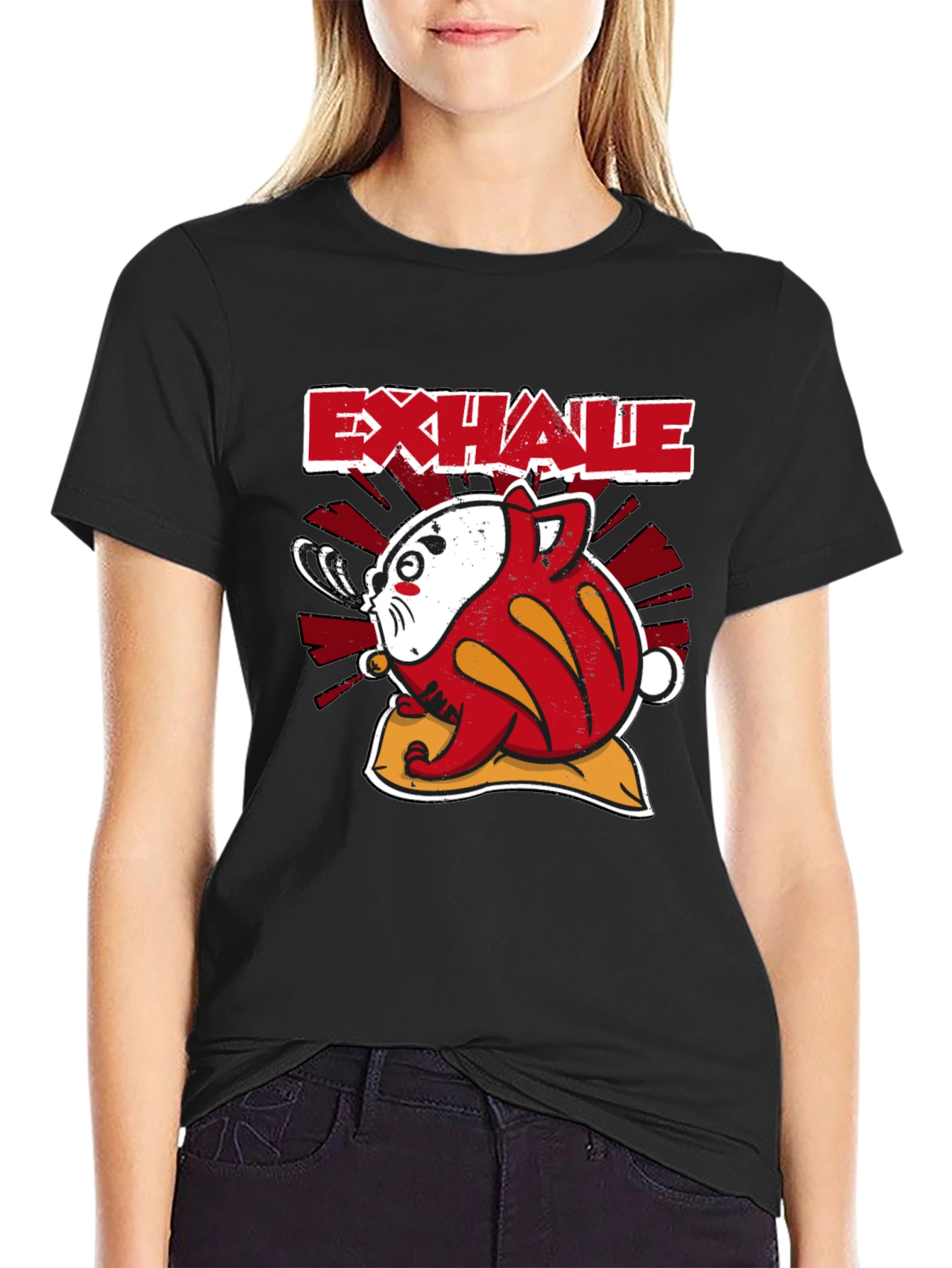 Exhale Daruma Cat Black T-Shirt