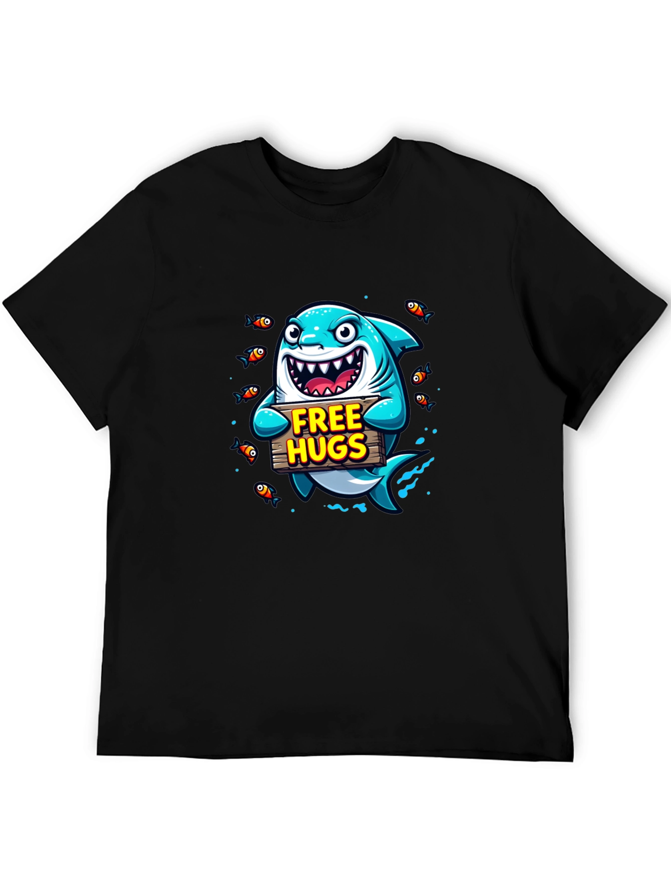 Free Hugs Cartoon Shark Black T-Shirt