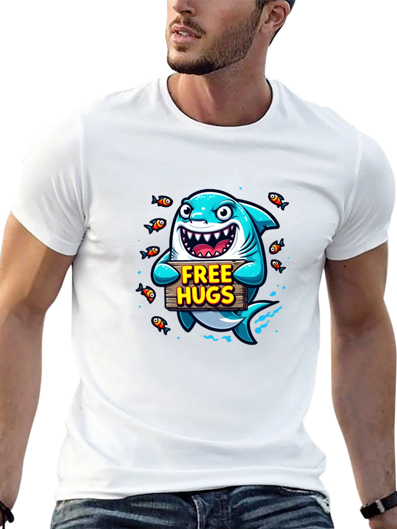 Free Hugs Cartoon Shark Black T-Shirt