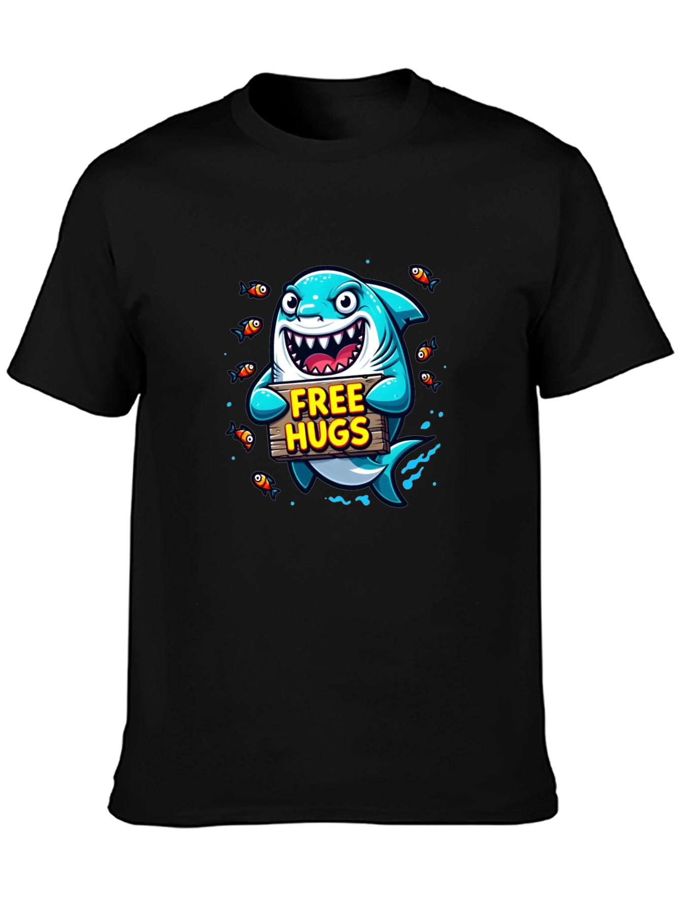 Free Hugs Cartoon Shark Black T-Shirt
