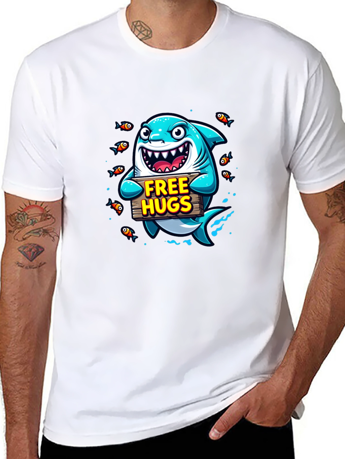 Free Hugs Cartoon Shark Black T-Shirt