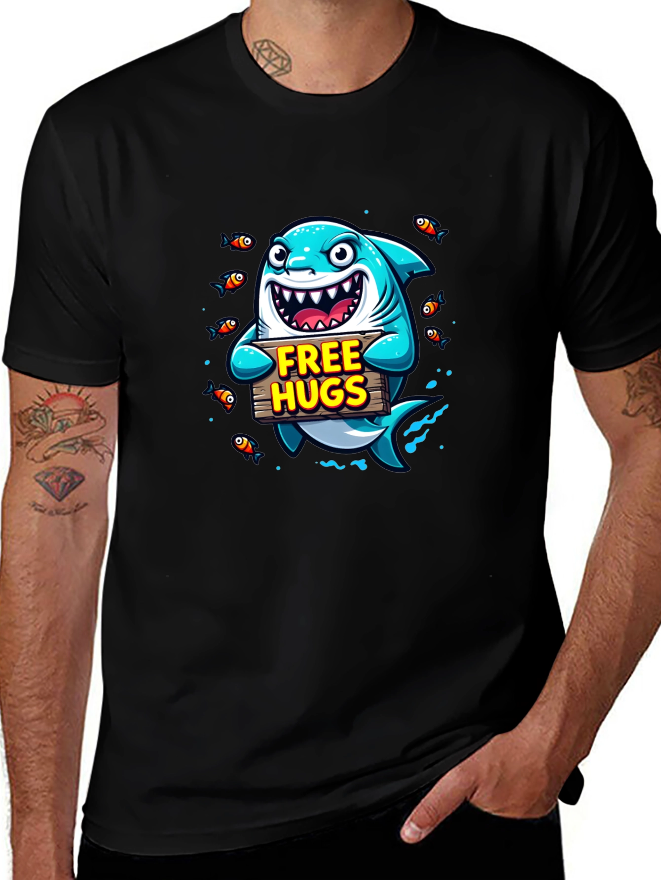Free Hugs Cartoon Shark Black T-Shirt