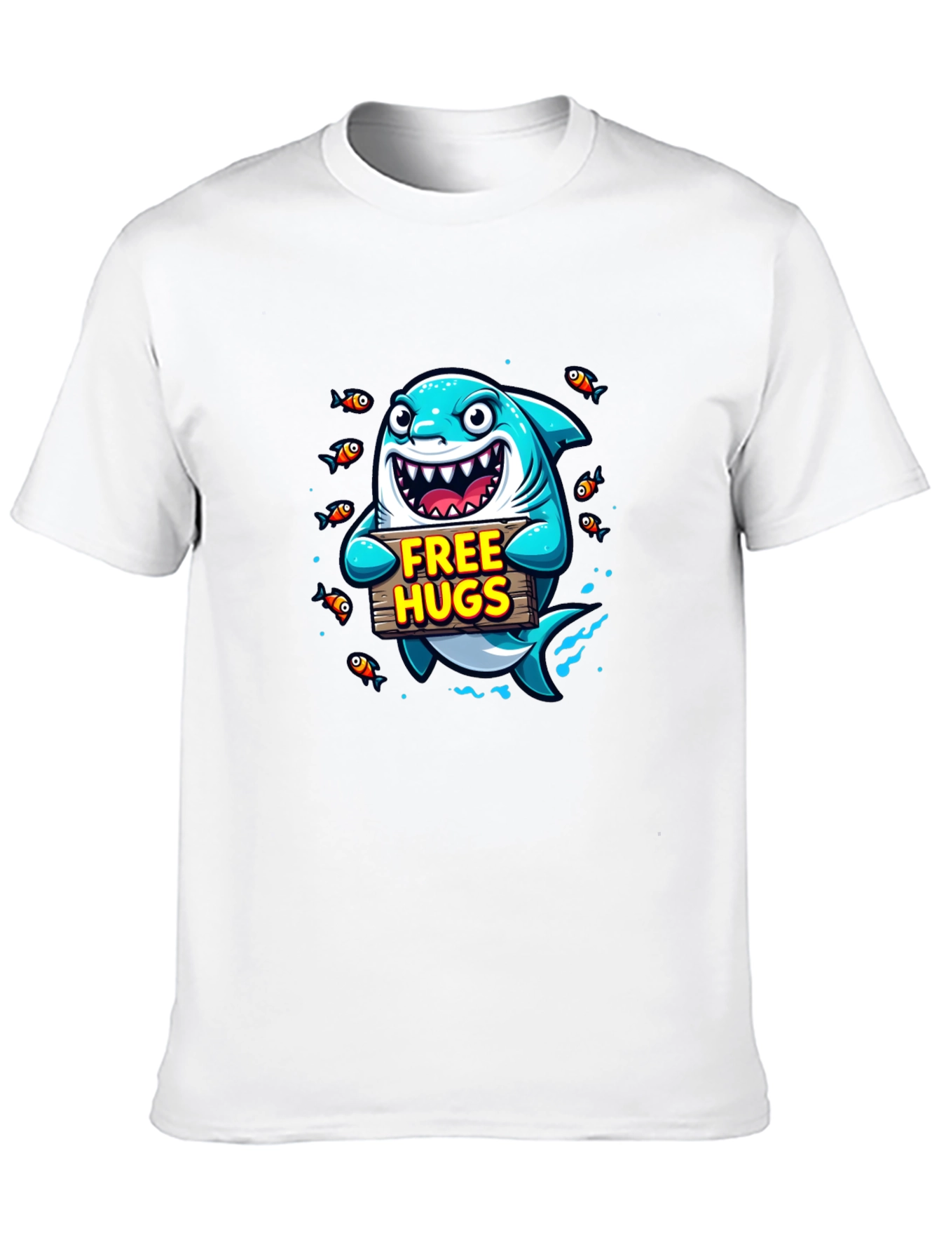 Free Hugs Cartoon Shark Black T-Shirt