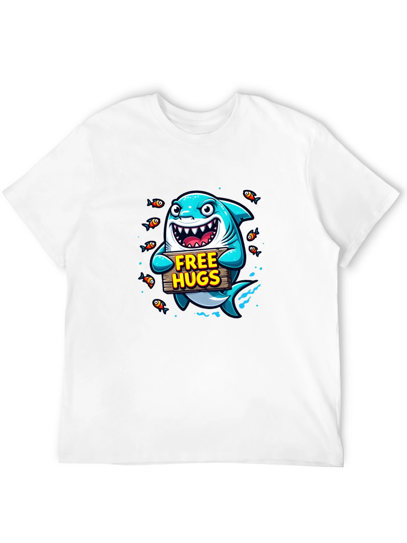 Free Hugs Cartoon Shark Black T-Shirt