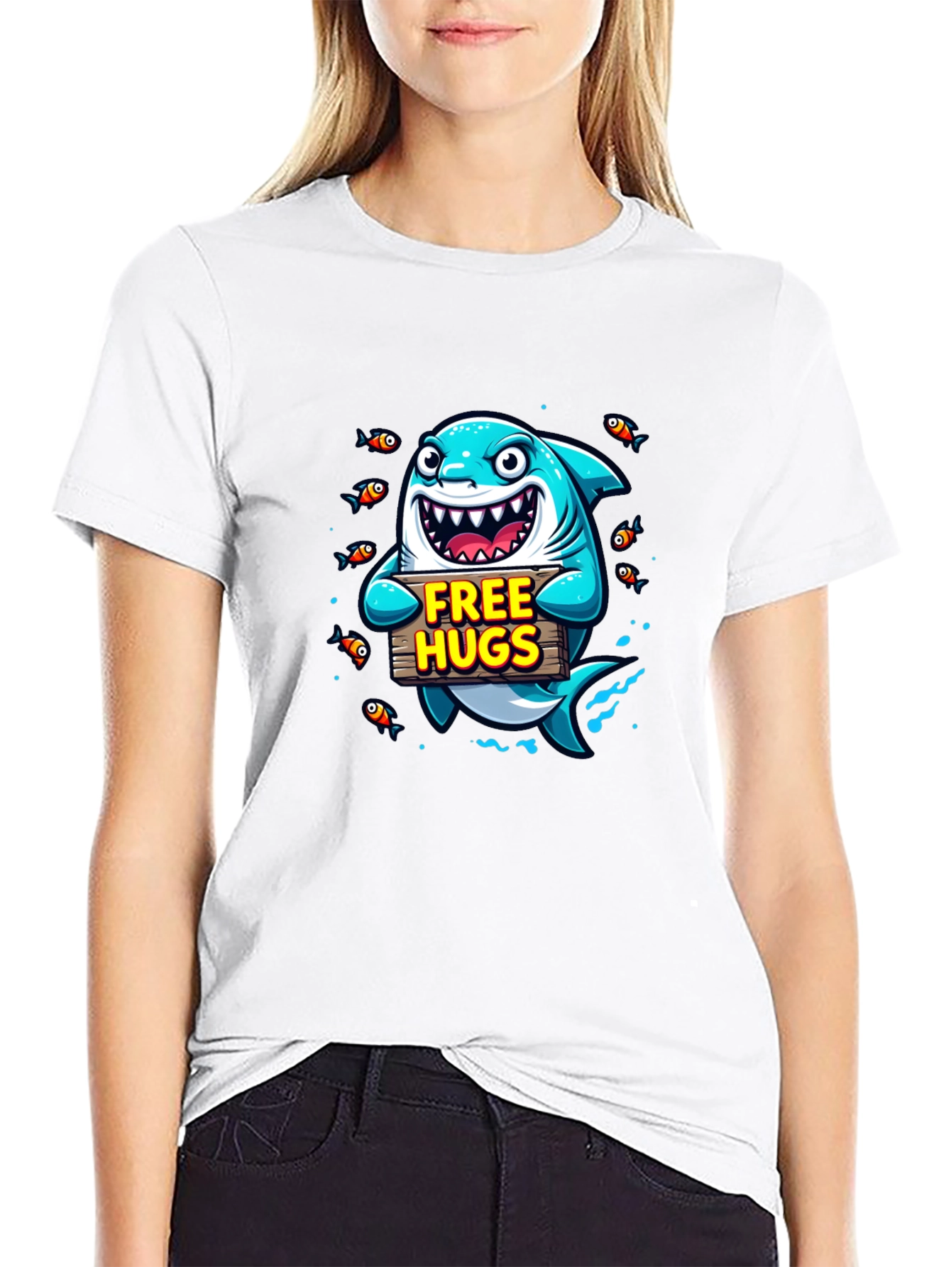 Free Hugs Cartoon Shark Black T-Shirt