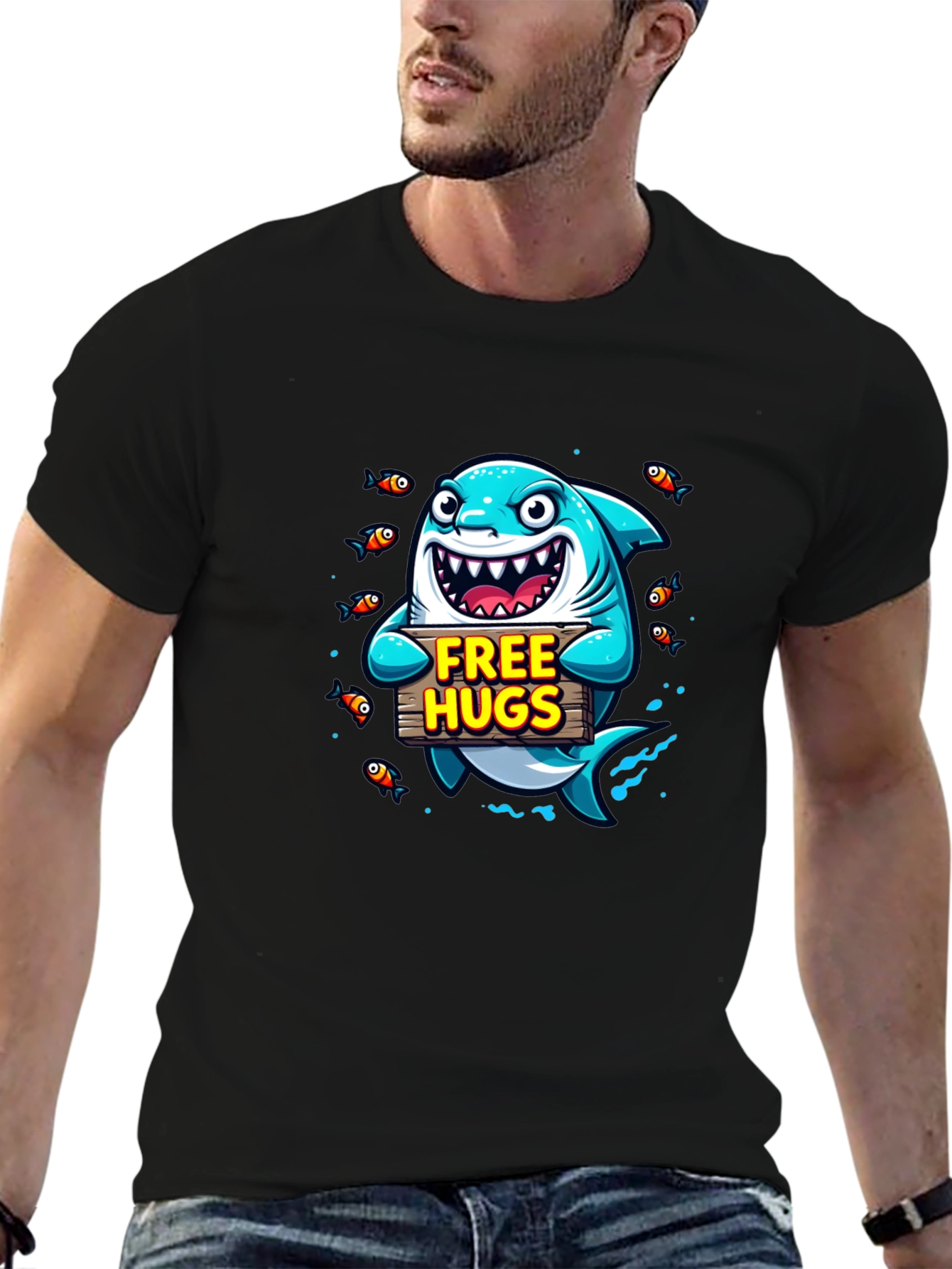 Free Hugs Cartoon Shark Black T-Shirt