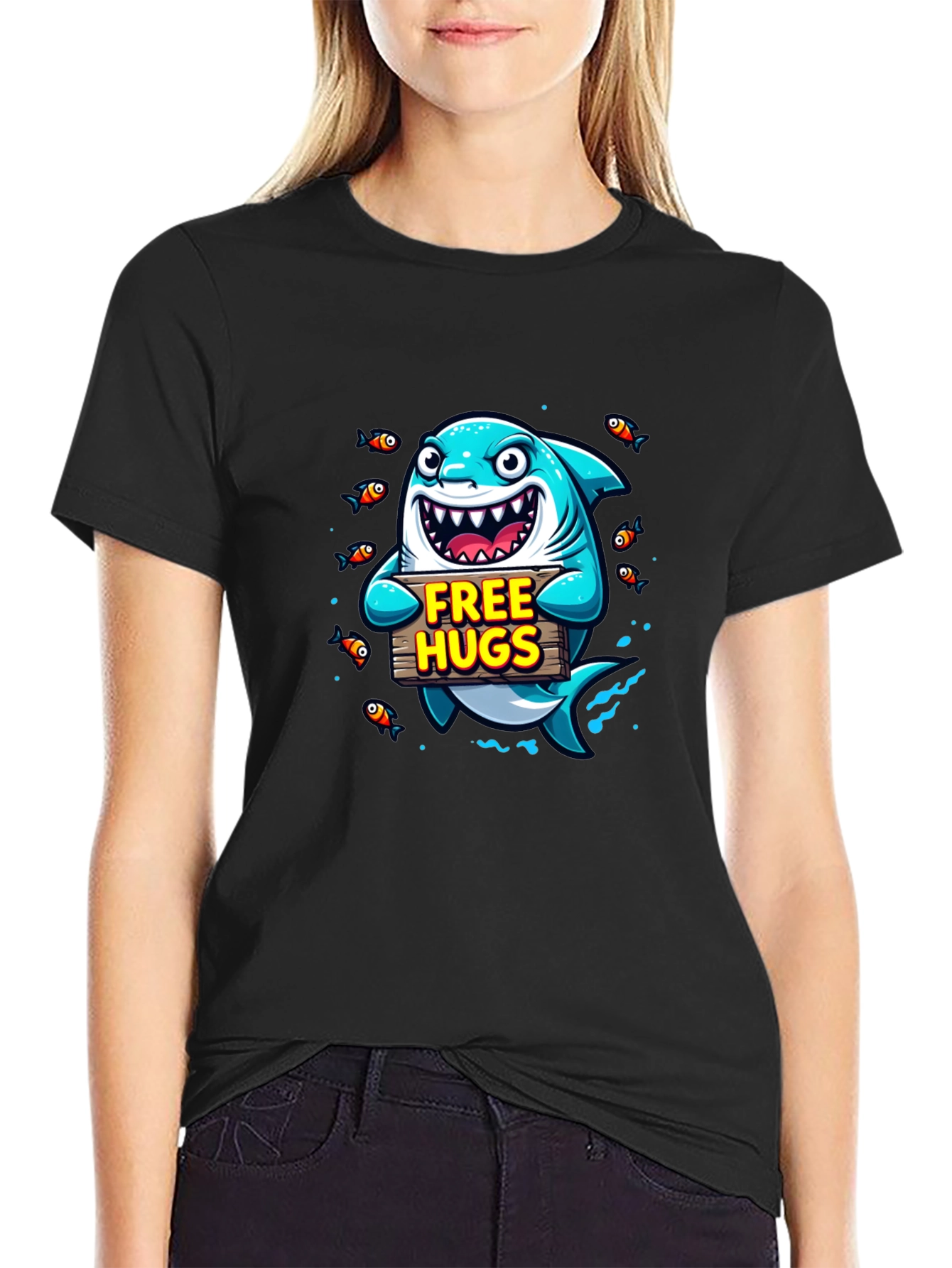 Free Hugs Cartoon Shark Black T-Shirt