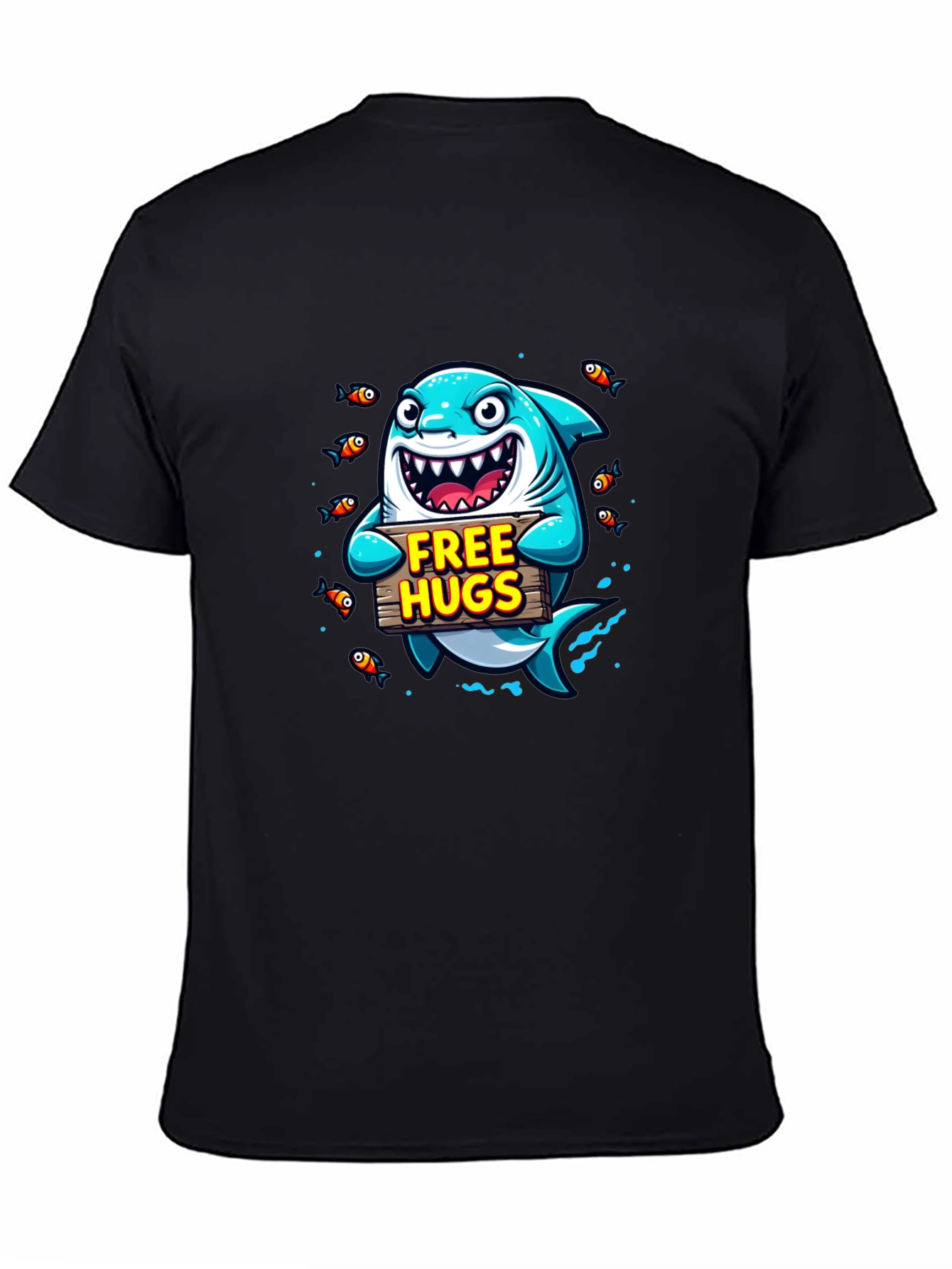 Free Hugs Cartoon Shark Black T-Shirt
