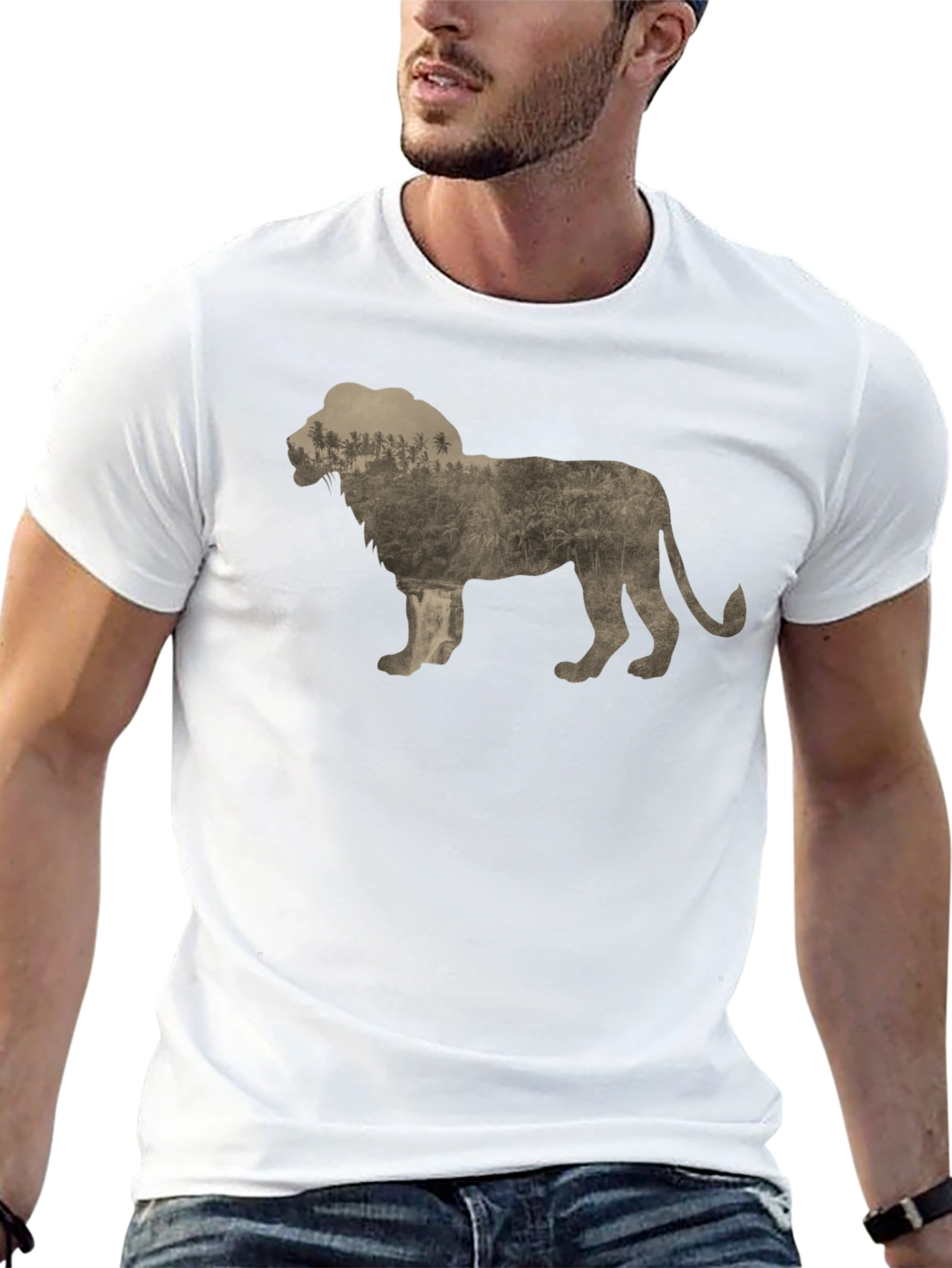 Lion Silhouette Nature Graphic Print Crew Neck Tee