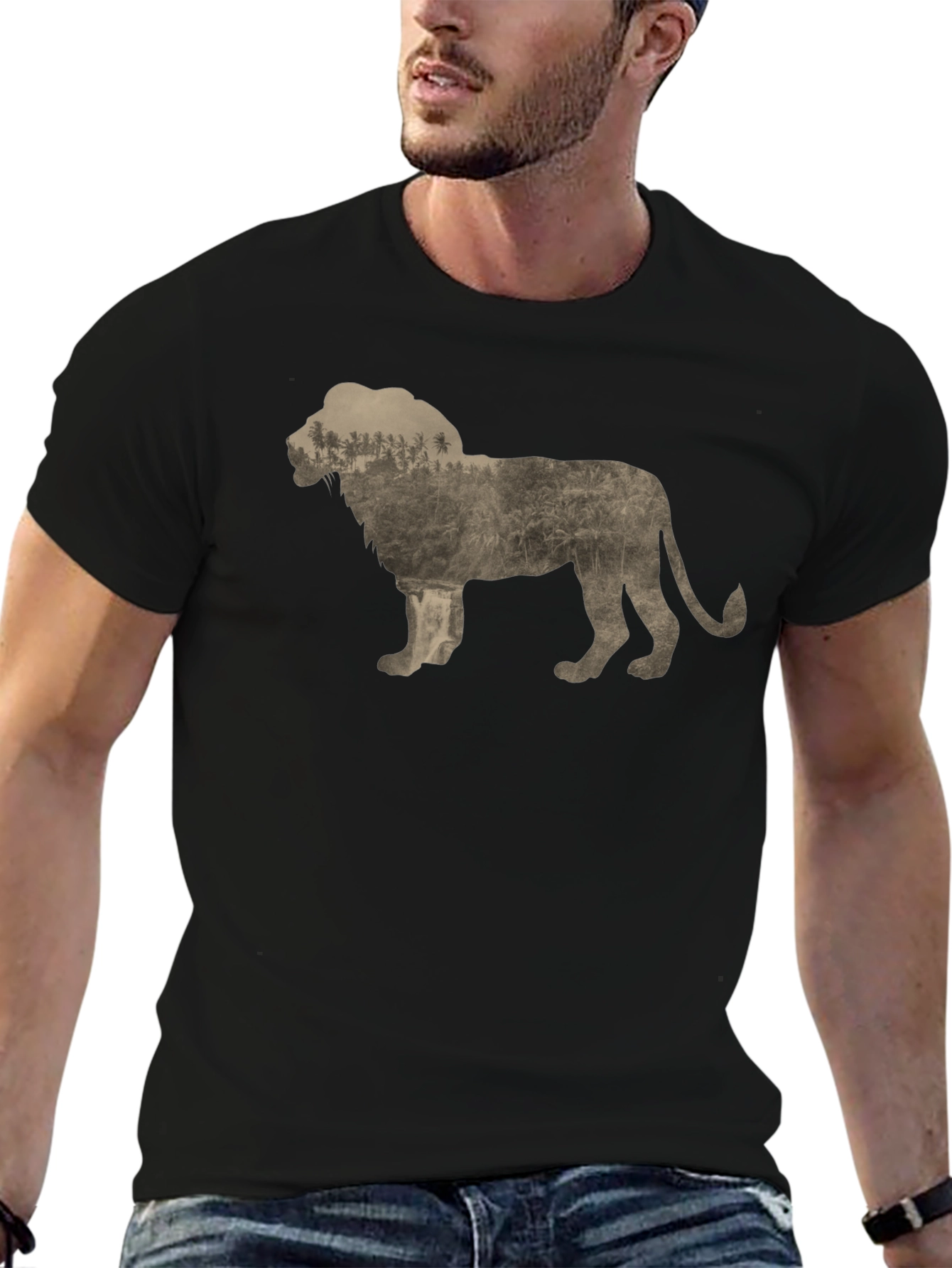 Lion Silhouette Nature Graphic Print Crew Neck Tee