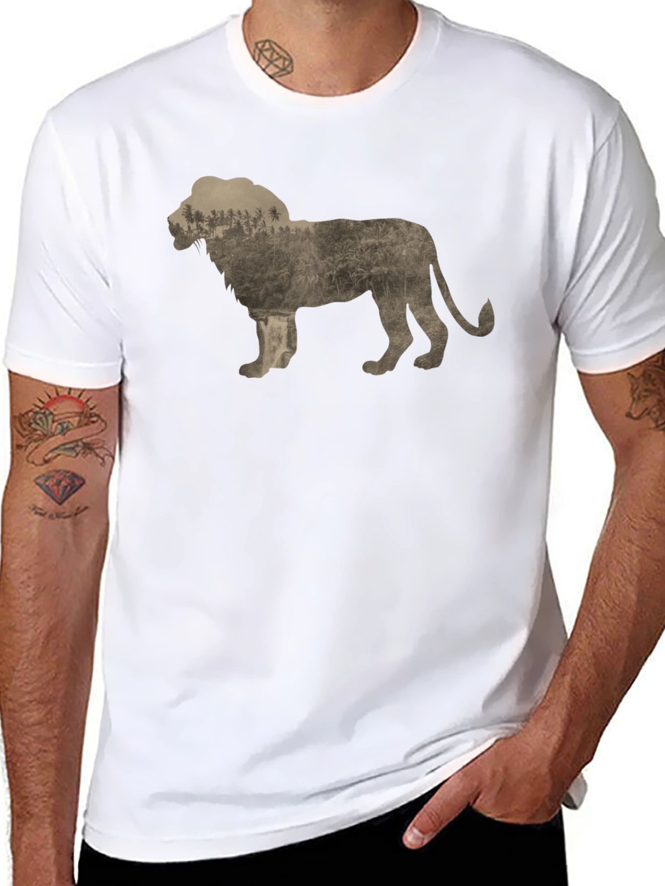 Lion Silhouette Nature Graphic Print Crew Neck Tee