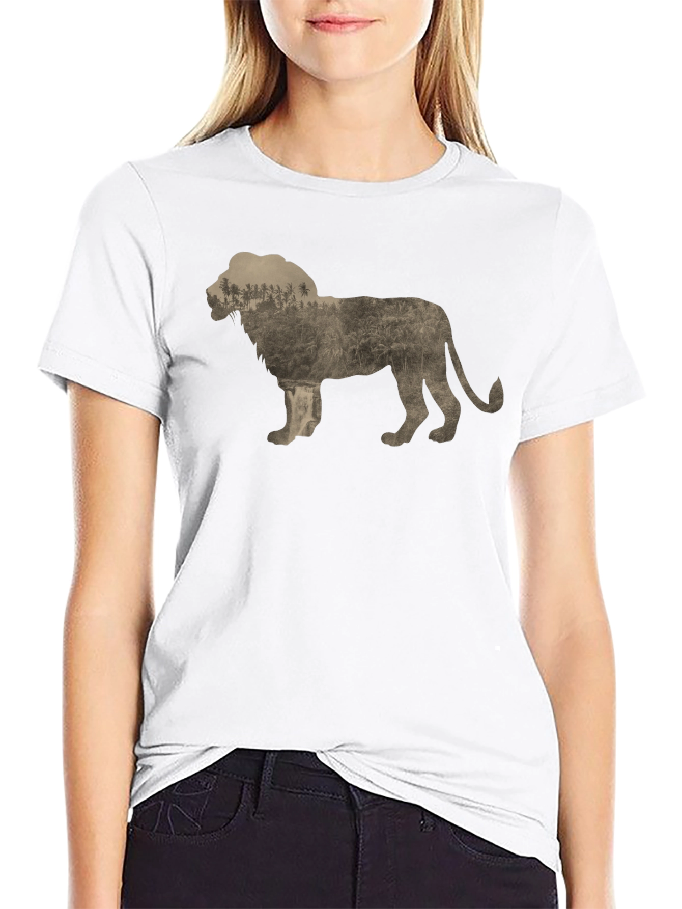 Lion Silhouette Nature Graphic Print Crew Neck Tee